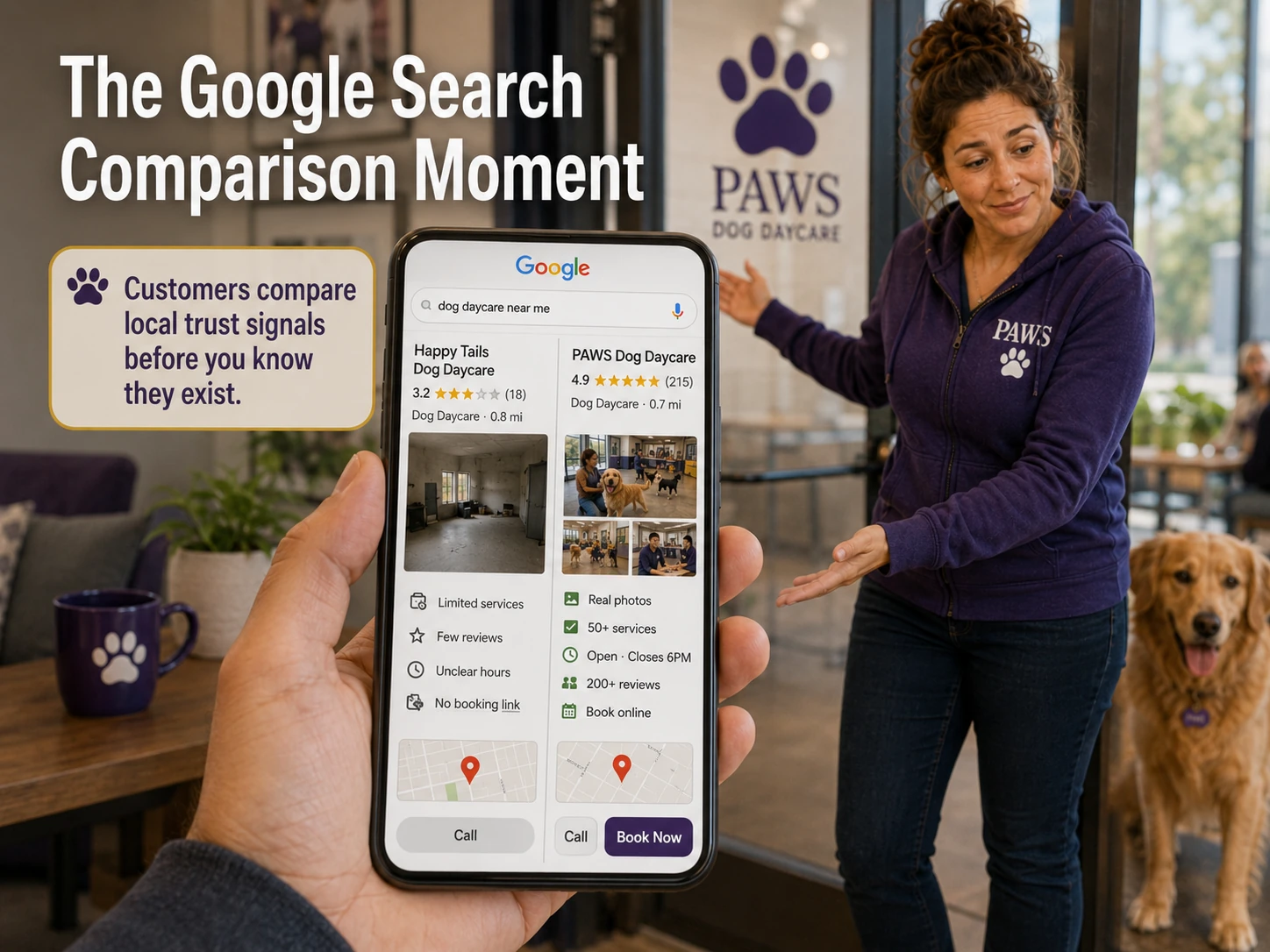 Customer compares a weak local daycare listing with the PAWS listing showing real photos, strong reviews, clear hours, services, and online booking.