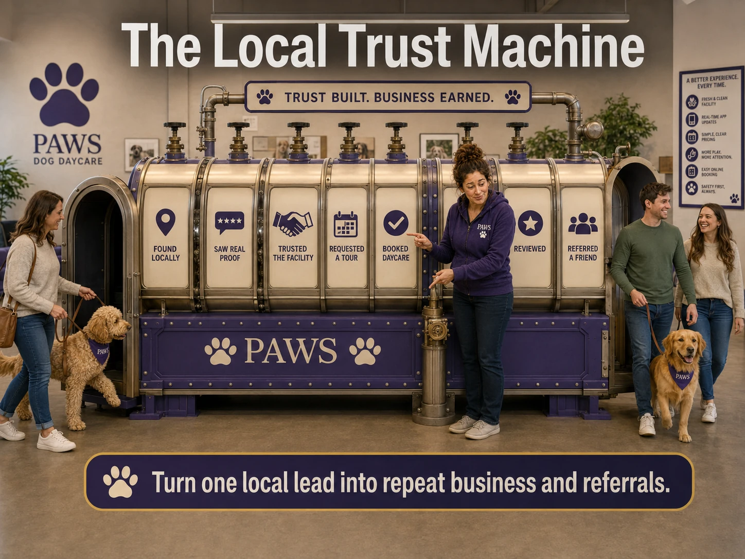 PAWS Lady operates a local trust machine moving a dog owner from local discovery and facility trust to booking, review, and referral.