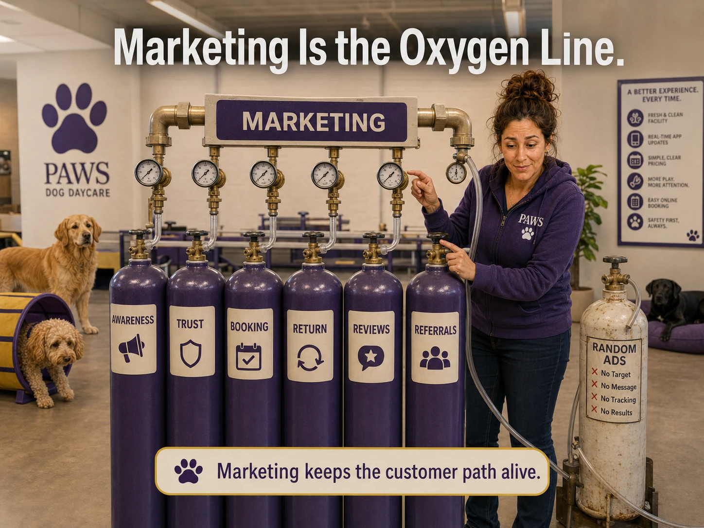PAWS Lady checks a marketing oxygen system feeding awareness, trust, booking, return visits, reviews, and referrals while a disconnected random-ads tank sits nearby.