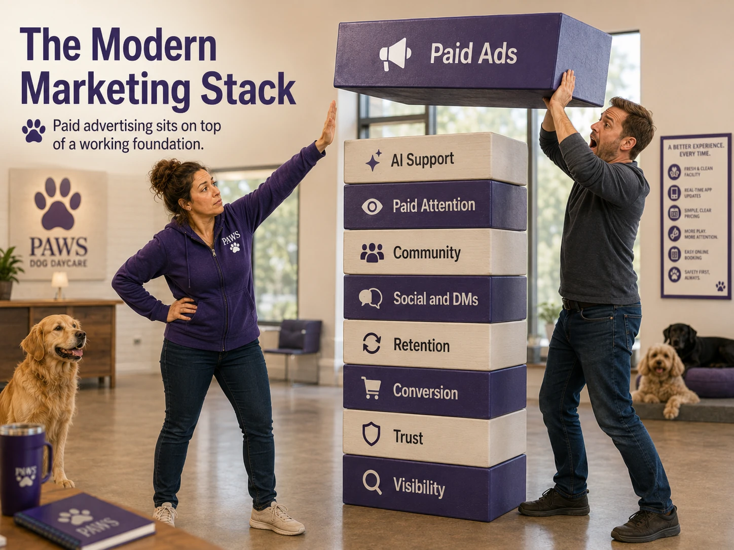 PAWS Lady stops a man from placing a paid-ads block on top of an unfinished marketing stack built from visibility, trust, conversion, retention, social media, community, and AI support.
