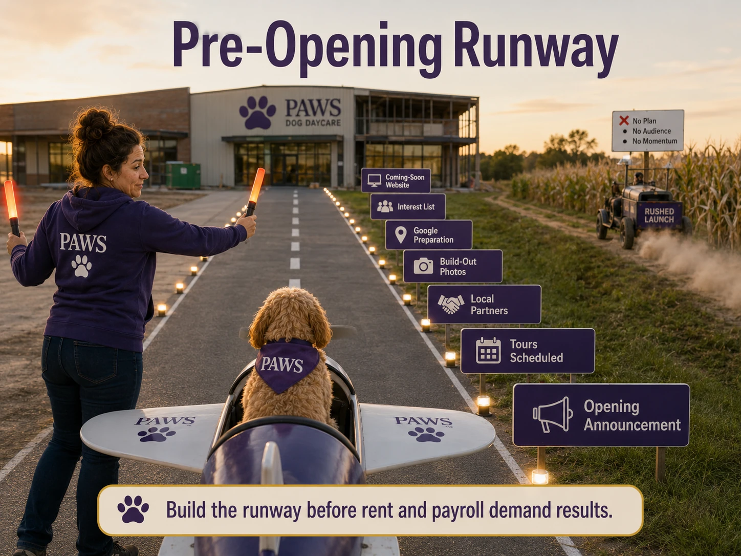 PAWS Lady directs a pre-opening runway lined with website, interest-list, Google, build-out-photo, partner, tour, and opening-announcement milestones toward a new daycare.