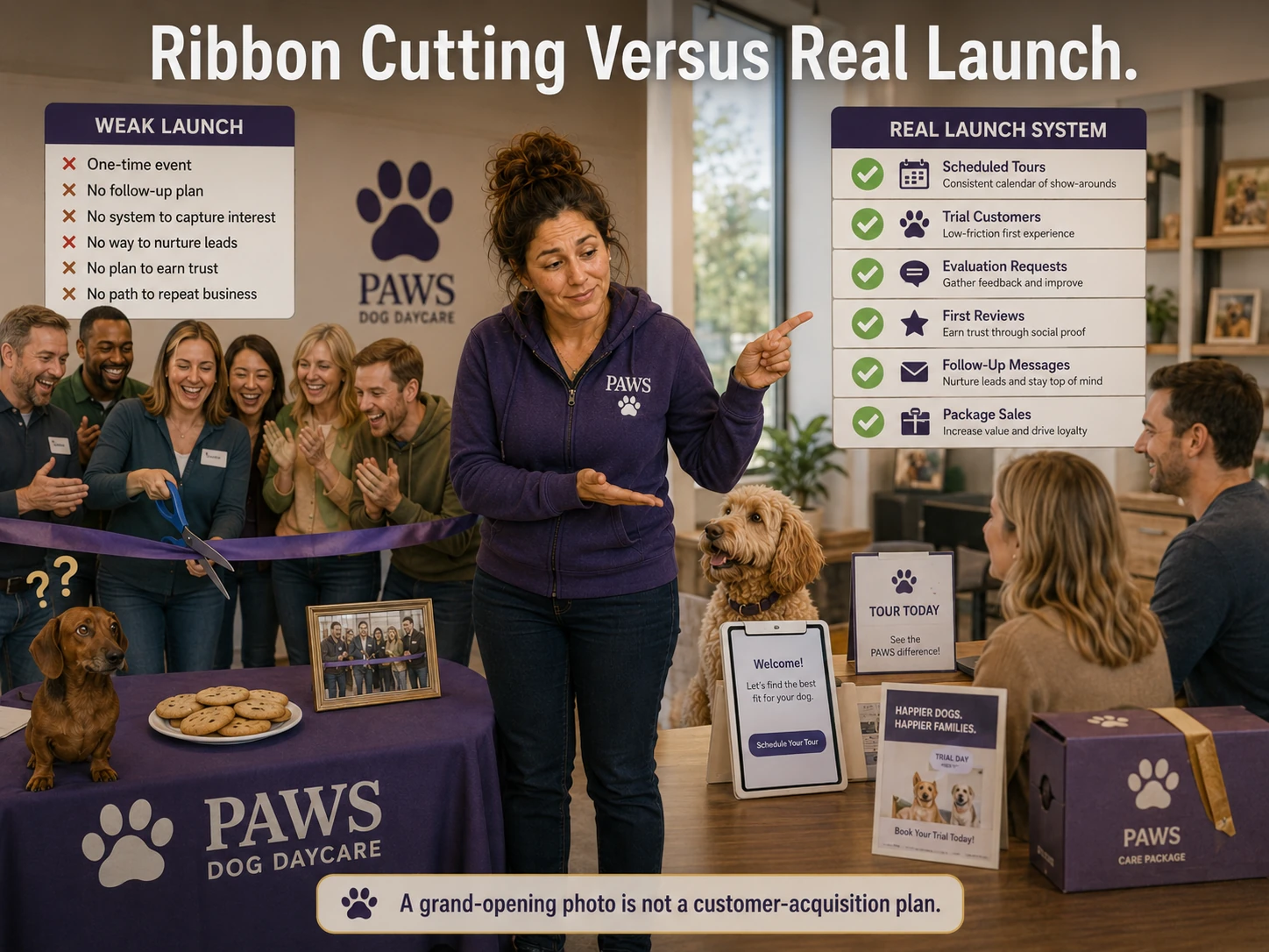 PAWS Lady compares a weak one-time ribbon cutting with a real launch system containing tours, trials, evaluations, reviews, follow-up, and package sales.