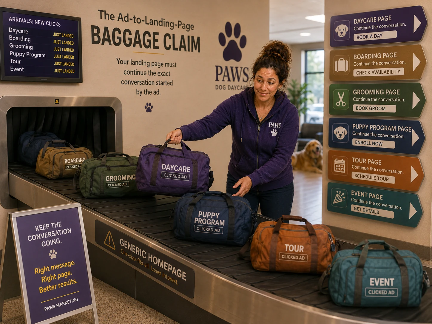 PAWS Lady sorts ad-click baggage for daycare, boarding, grooming, puppy programs, tours, and events from a generic homepage to matching landing pages.