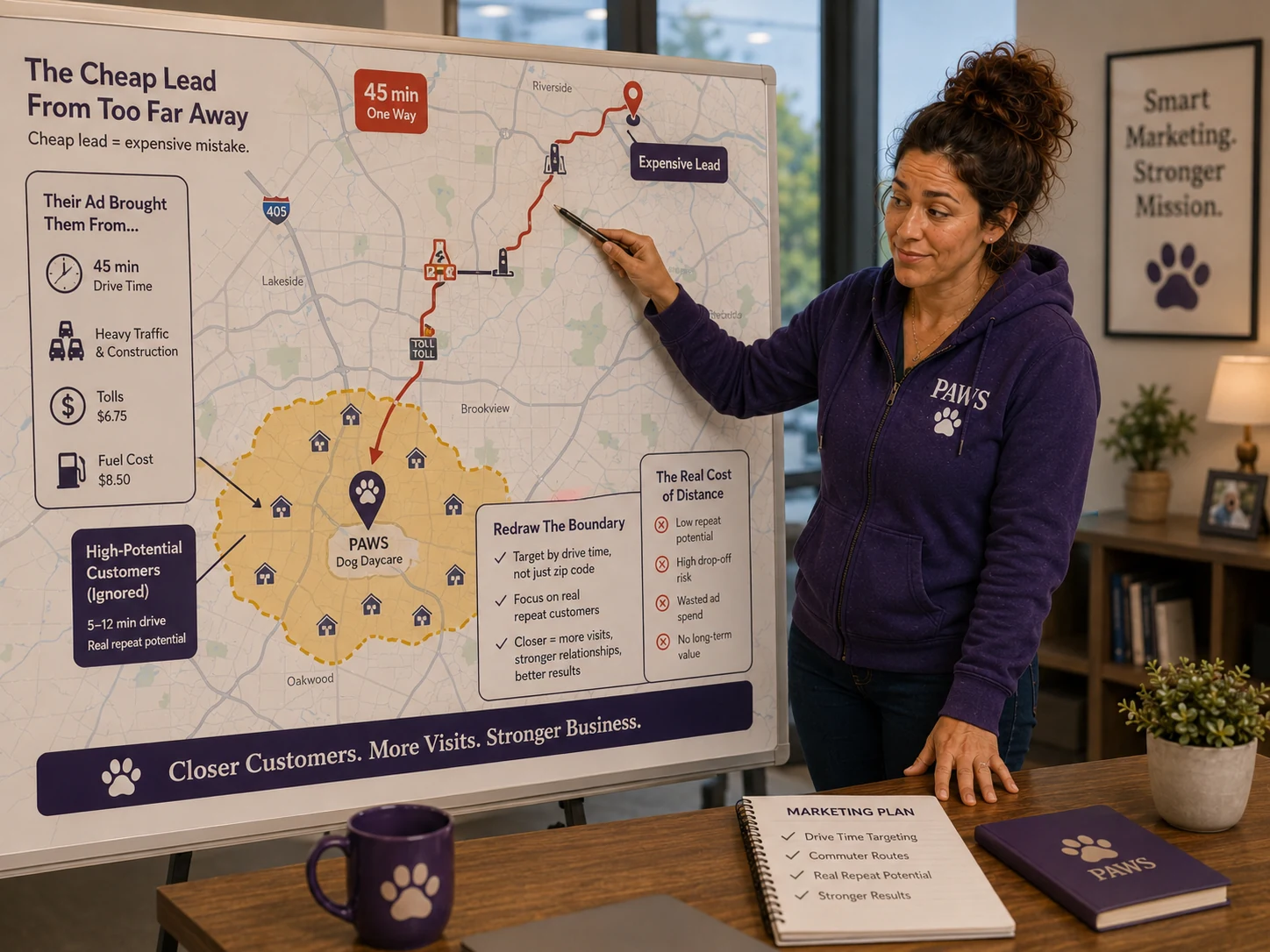 PAWS Lady redraws a dog daycare advertising radius on a drive-time map, rejecting a 45-minute lead while focusing on nearby repeat customers.