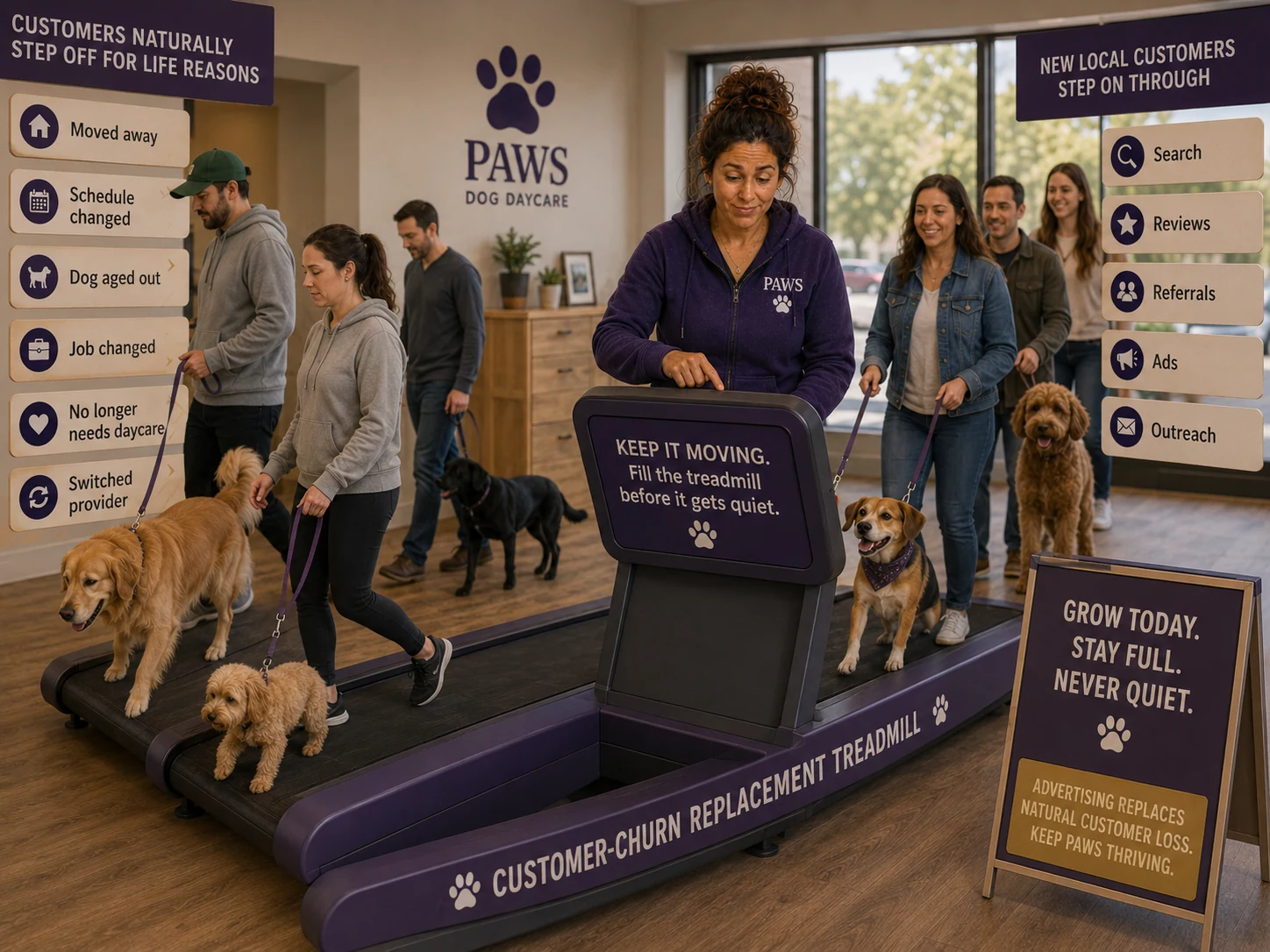 PAWS Lady manages a customer-churn treadmill as clients leave for normal life changes and new customers enter through search, reviews, referrals, ads, and outreach.