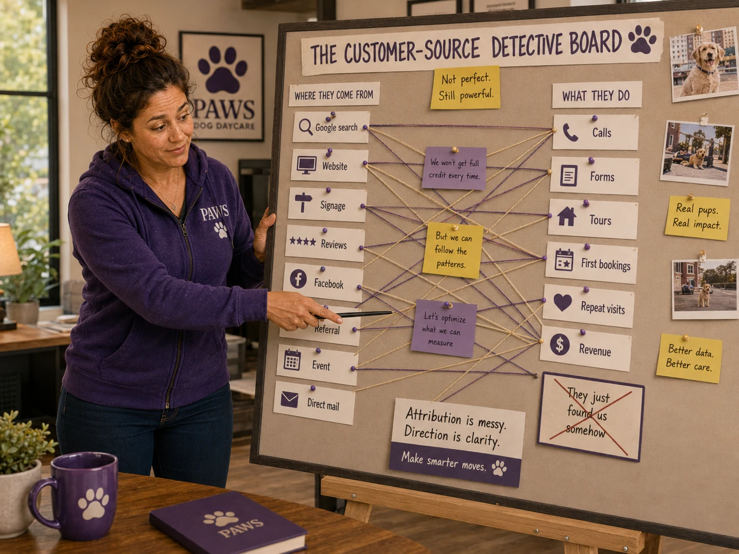 PAWS Lady traces search, website, signage, reviews, Facebook, referrals, events, and direct mail to calls, tours, bookings, repeat visits, and revenue.