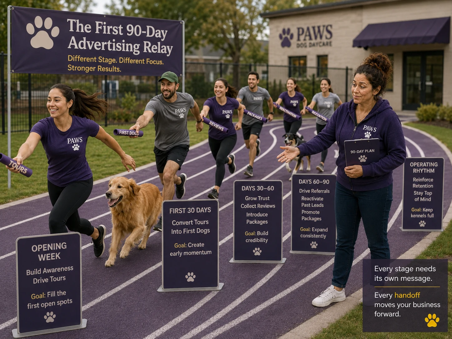 PAWS Lady coaches a relay through opening week, 30-, 60-, and 90-day stages as staff pass batons for tours, reviews, packages, referrals, and retention.