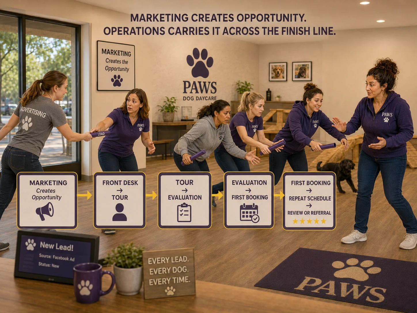 PAWS Lady coaches staff through a relay from marketing lead to front desk, tour, evaluation, first booking, repeat schedule, review, and referral.