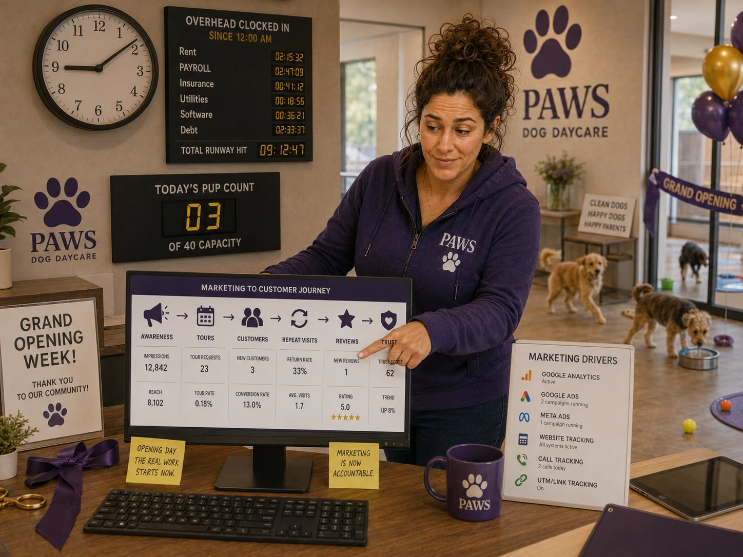 PAWS Lady reviews opening-day marketing performance in a dog daycare lobby, pointing to a customer-journey dashboard while overhead costs are already clocked in and only a few dogs are in the play area.
