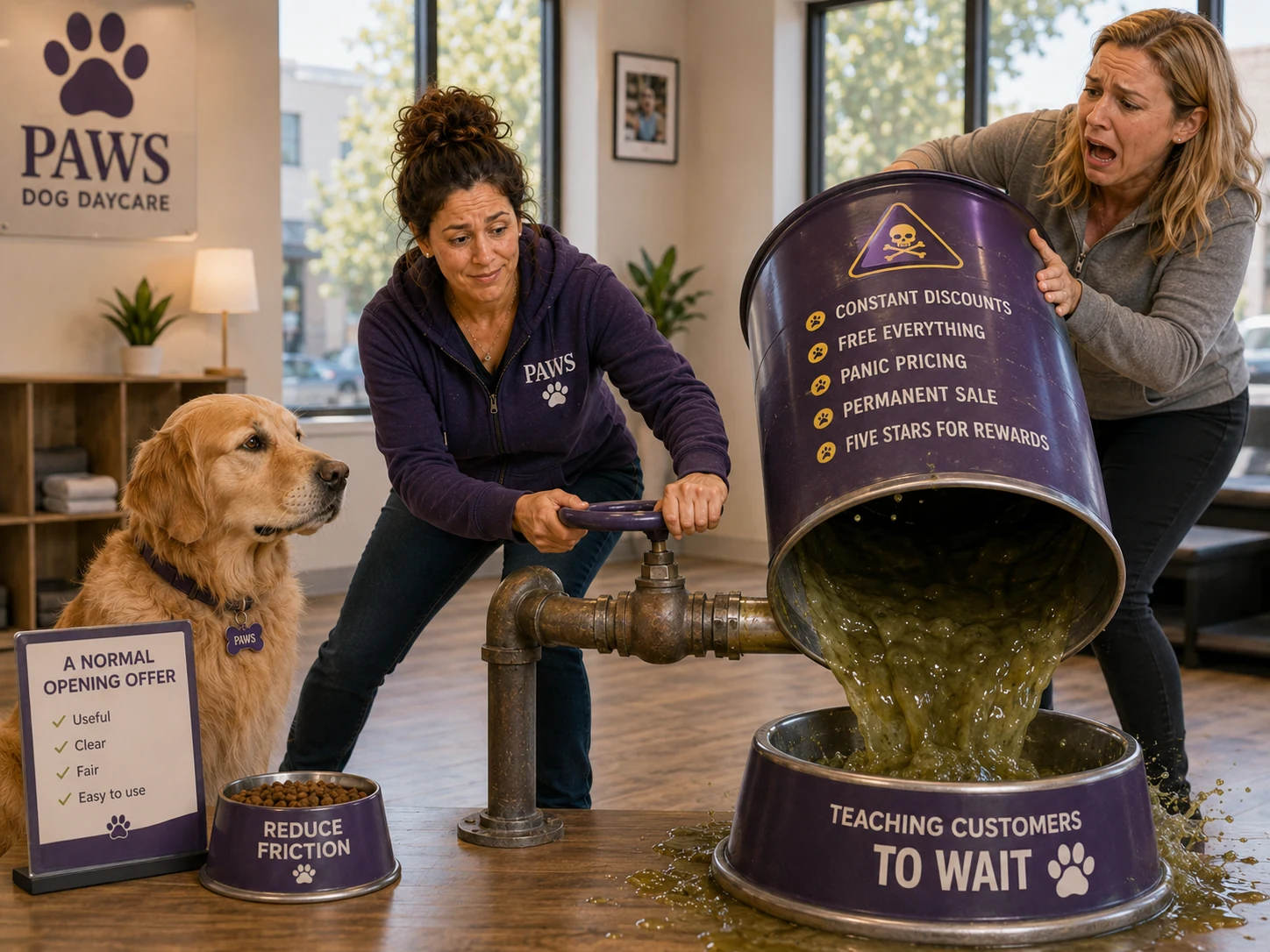 PAWS Lady shuts a valve on toxic discounting while a normal opening offer reduces friction and constant discounts pour into a bowl labeled teaching customers to wait.