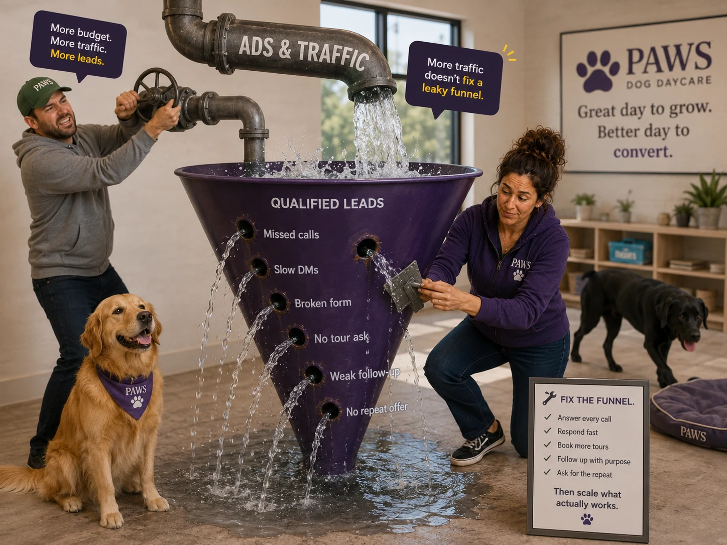 PAWS Lady patches leaks labeled missed calls, slow DMs, broken forms, weak follow-up, and other failures in a funnel filled by advertising traffic.
