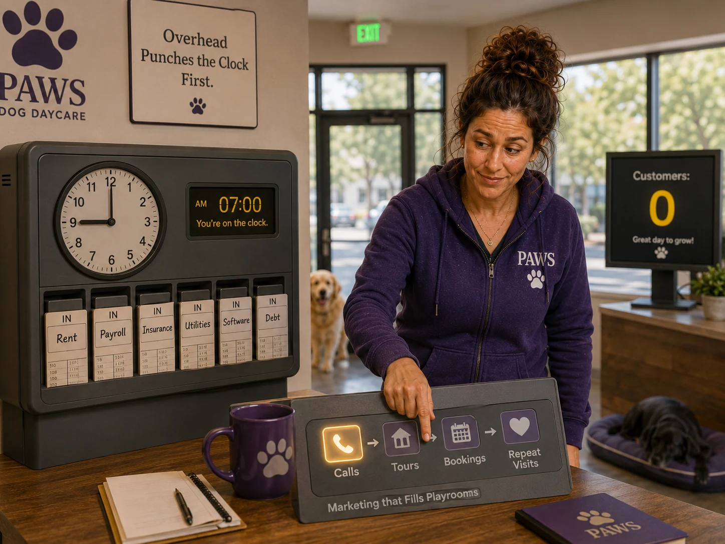 PAWS Lady activates a calls-to-repeat-visits marketing panel beside a time clock where rent, payroll, and other overhead have already punched in.