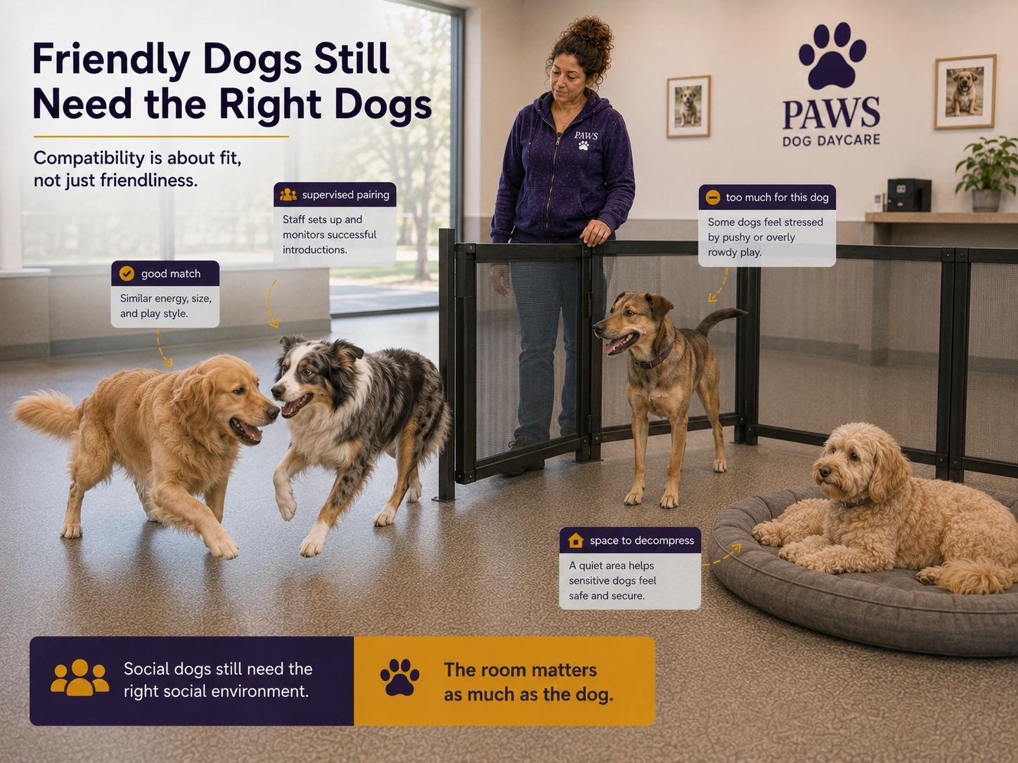 PAWS handler supervises a well-matched outgoing play pair while a sensitive dog rests behind a divider, showing that compatibility depends on energy, size, and play style.