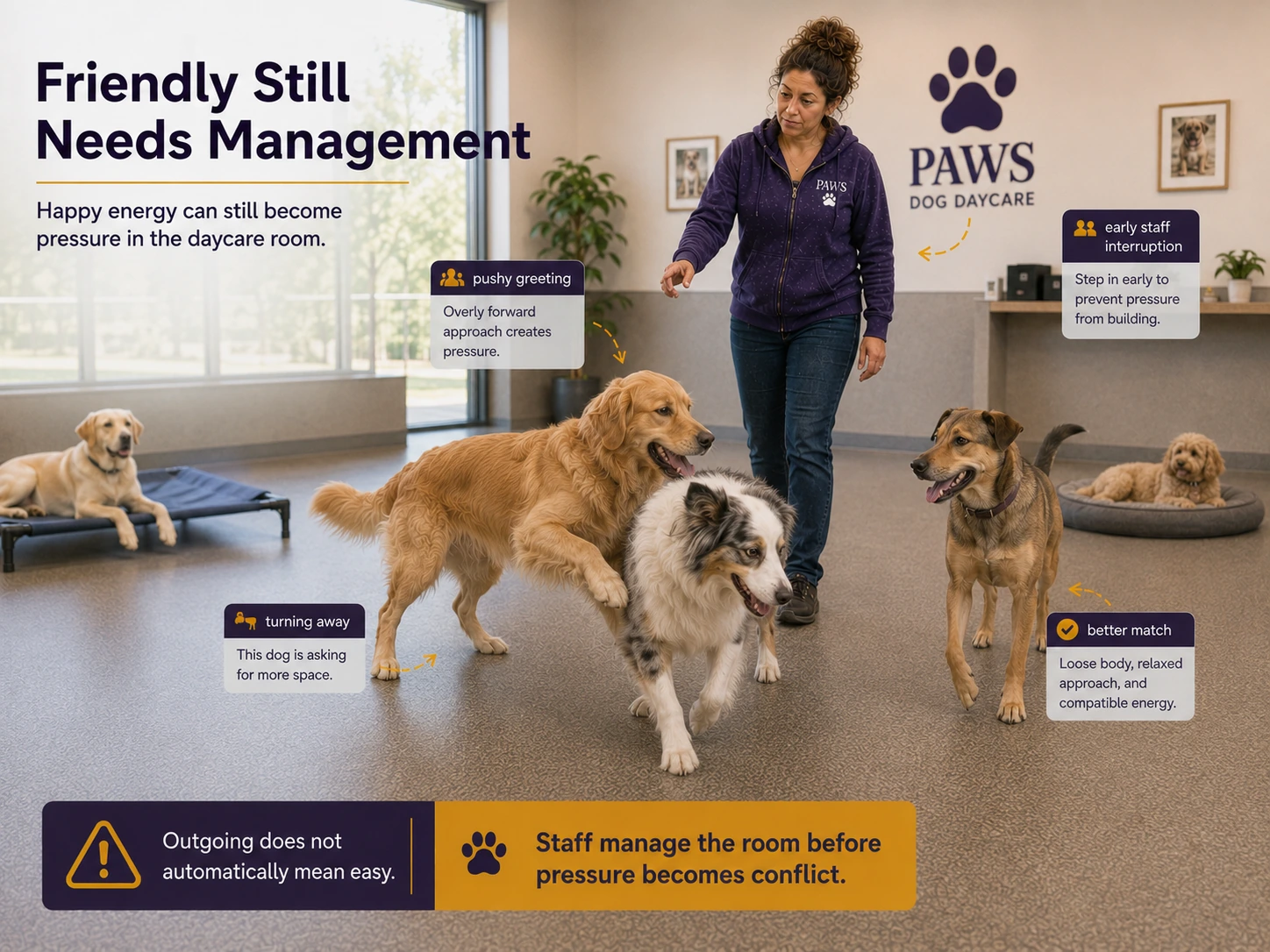PAWS daycare handler steps in as an outgoing golden retriever crowds a dog that is turning away, showing how friendly energy can become social pressure.