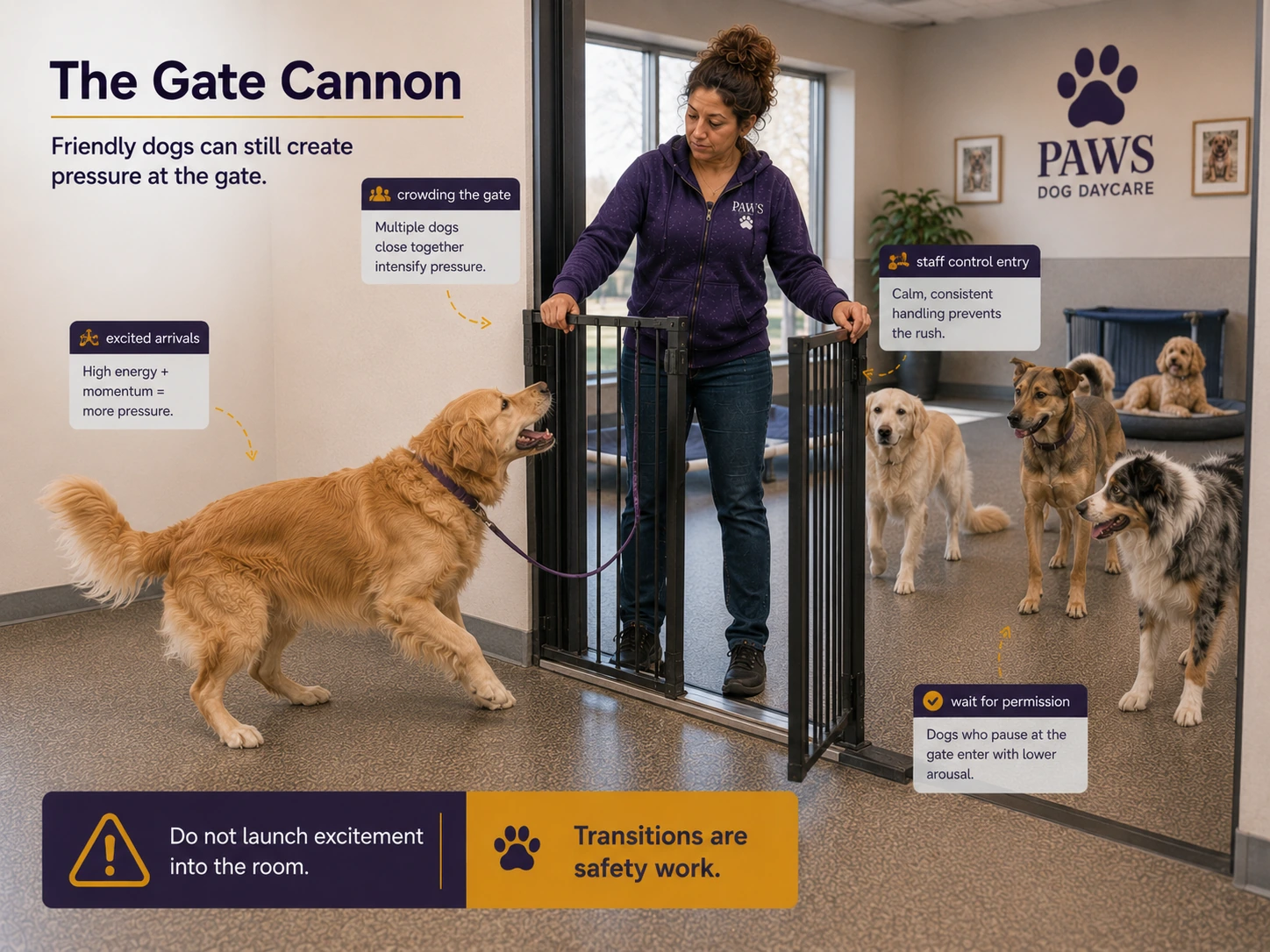 PAWS daycare handler controls a gate while an excited outgoing dog tries to rush into a waiting group, demonstrating safe entry and transition management.