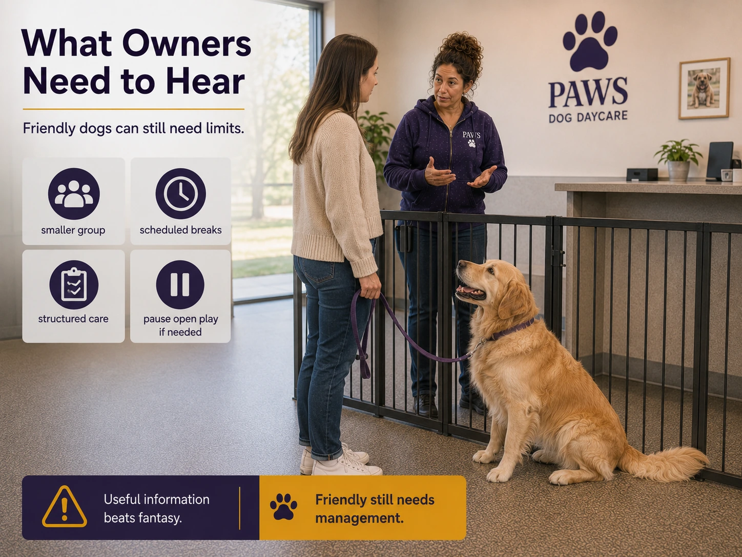 PAWS daycare professional explains smaller groups, scheduled breaks, structured care, and pausing open play to the owner of a friendly outgoing dog.
