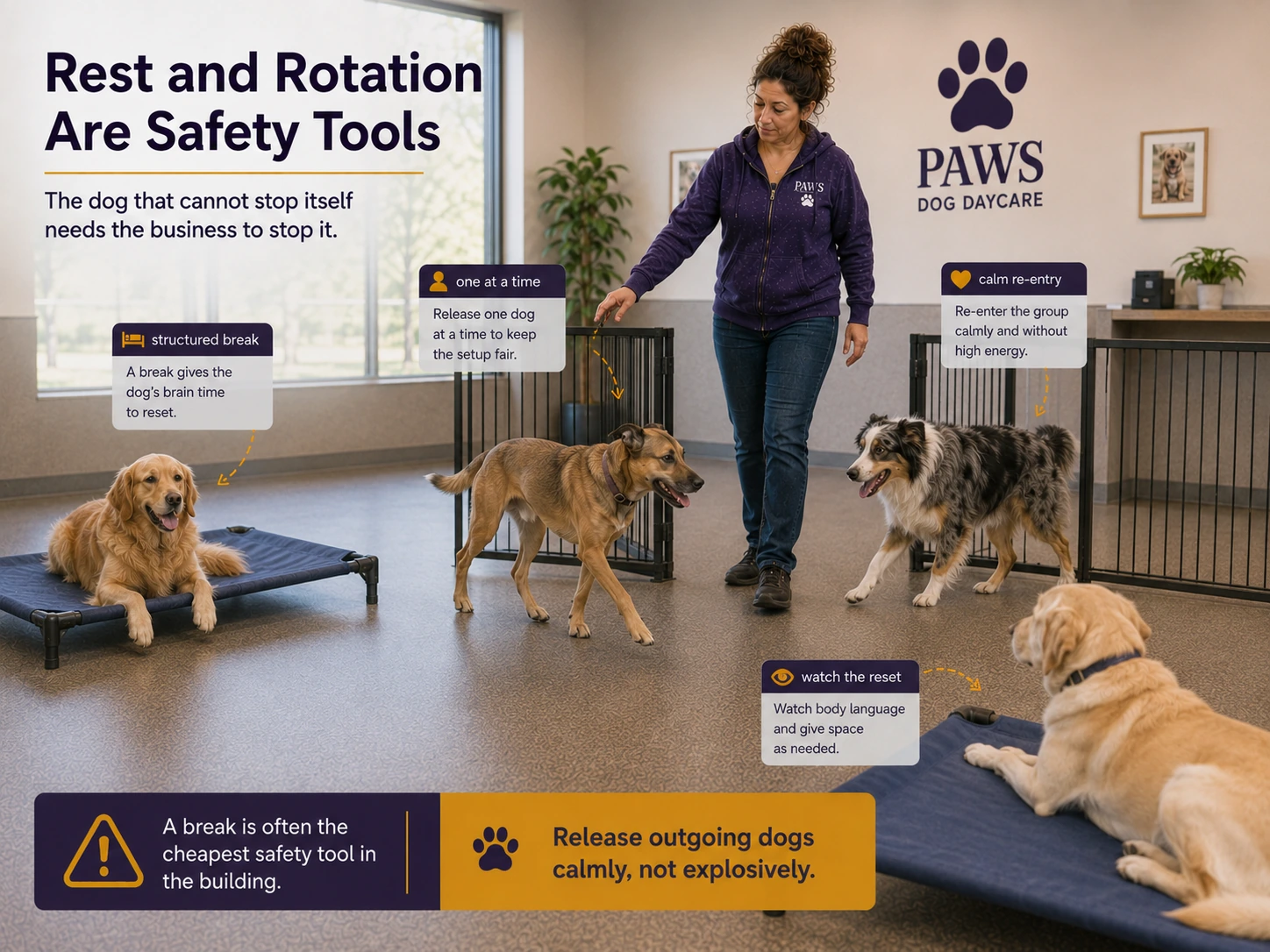 PAWS daycare handler rotates dogs one at a time while one dog takes a structured break and another makes a calm re-entry into the playgroup.