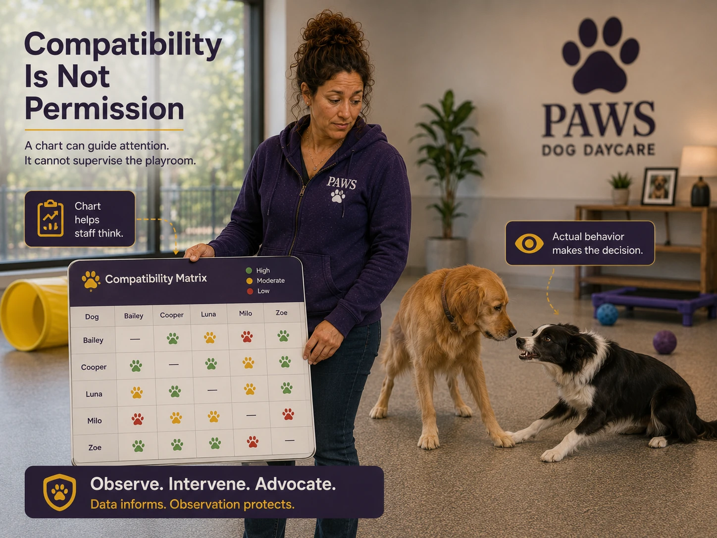 PAWS Lady compares a dog compatibility matrix with two dogs showing tense behavior, emphasizing that actual behavior overrides the chart.