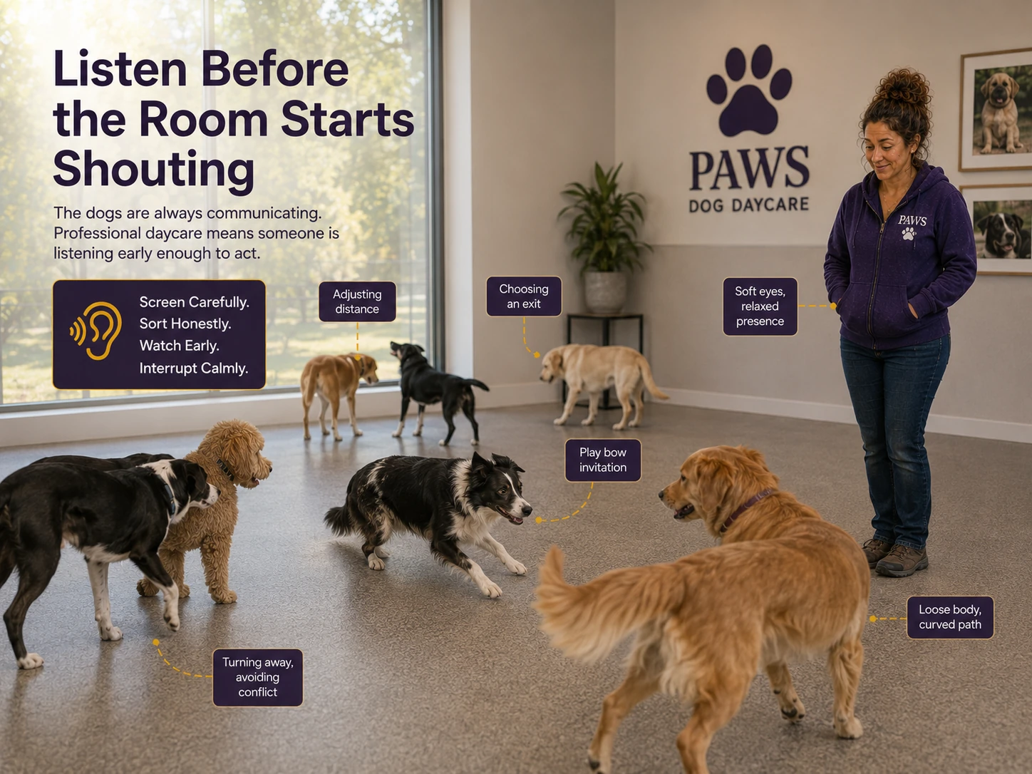 PAWS Lady supervises a calm daycare playgroup where labels identify adjusting distance, choosing an exit, soft eyes, play bows, turning away, and loose curved movement.