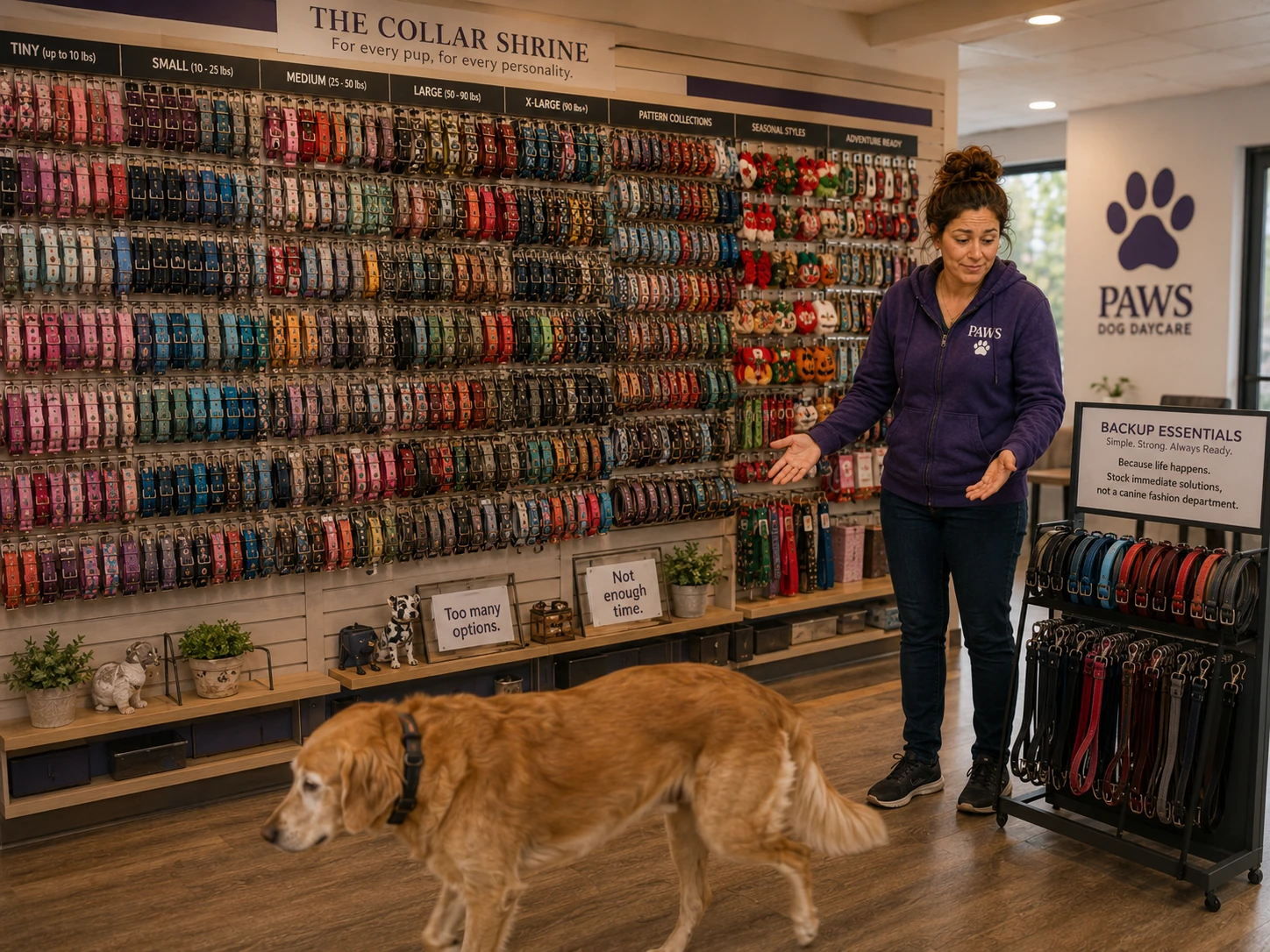 PAWS operator compares a huge wall of slow-moving collars with a small rack of practical backup collars and leashes.