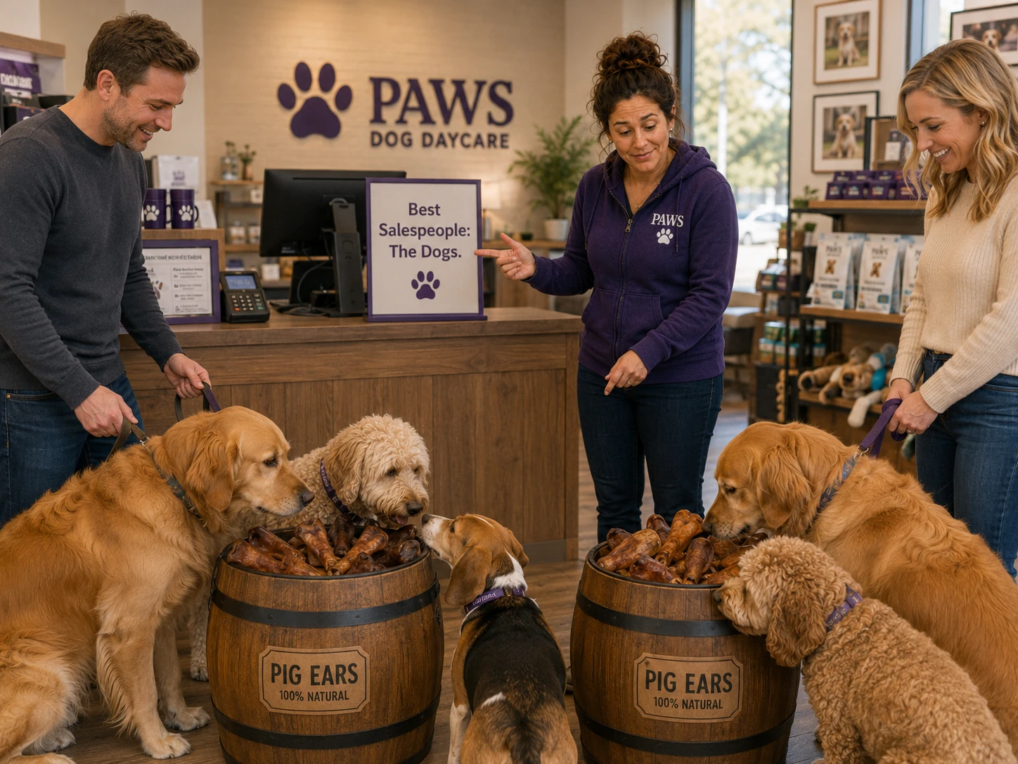 Dogs inspect two pig-ear barrels at checkout while the PAWS operator points to a sign calling the dogs the best salespeople.