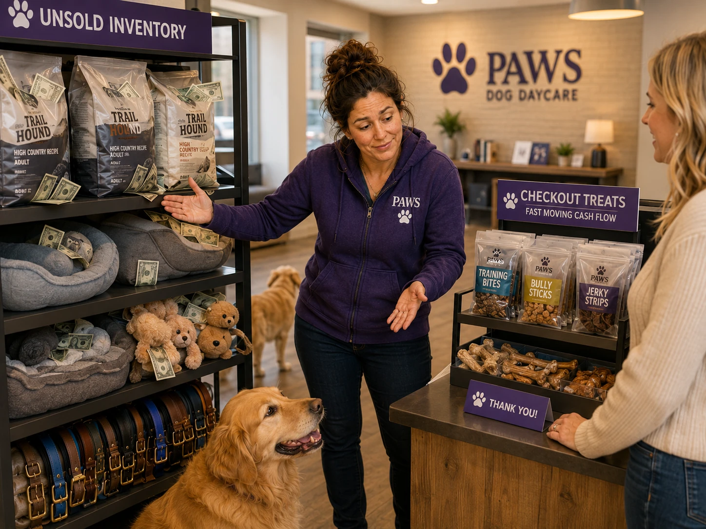 PAWS operator compares cash trapped in unsold dog food, beds, collars, and toys with a small fast-moving checkout display of treats and chews.