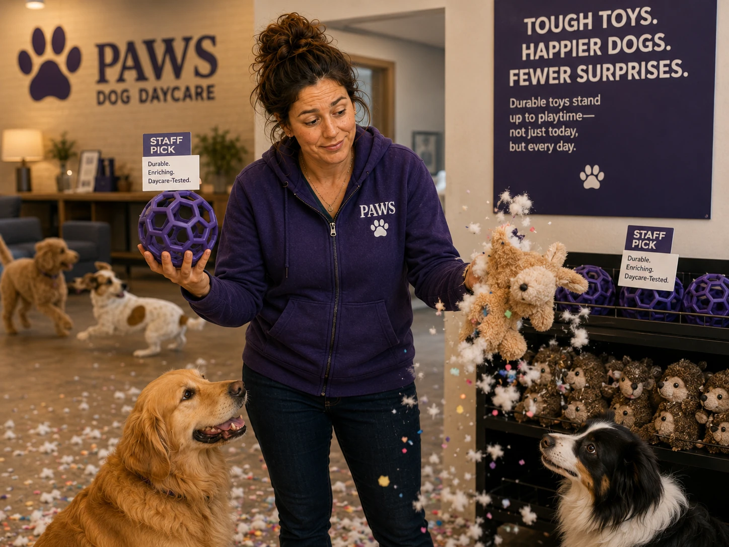 PAWS operator compares a durable daycare-tested toy with a destroyed plush toy exploding into stuffing around several dogs.