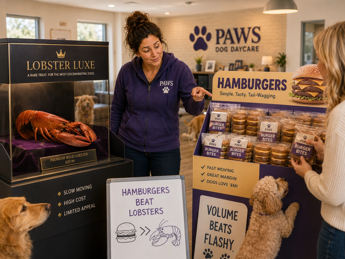 PAWS operator compares an expensive slow-moving lobster product with affordable fast-moving hamburger-style dog treats.