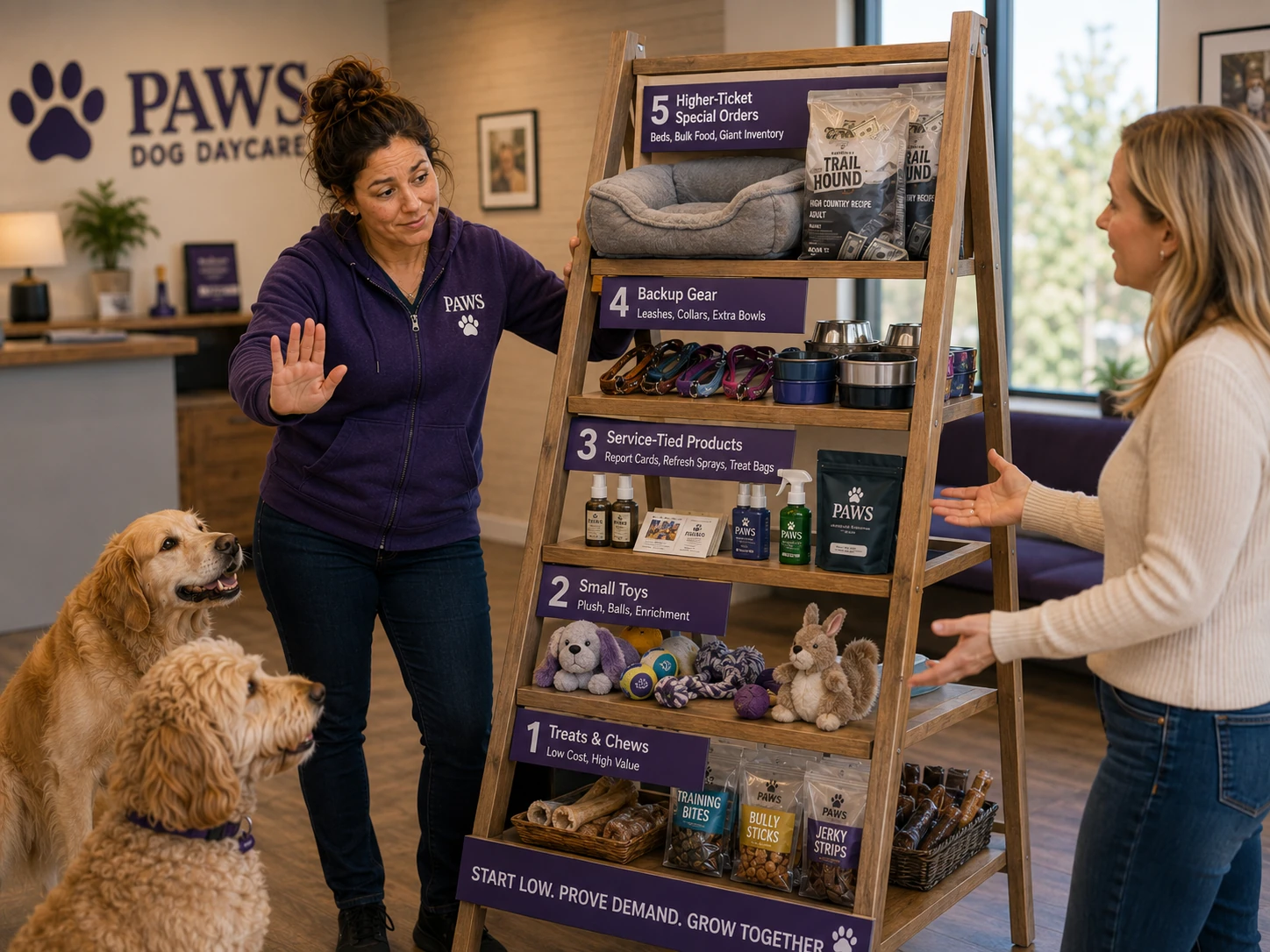 PAWS operator uses a five-step retail ladder from treats and chews to special orders while stopping a customer from jumping into beds, bulk food, and giant inventory.