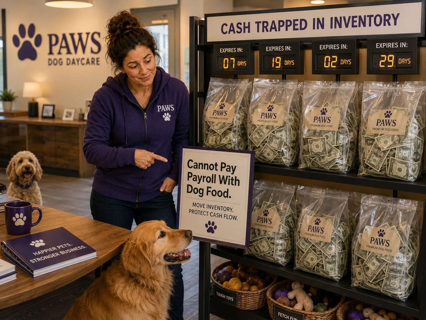 PAWS operator points to dog-food bags filled with cash beneath expiration countdowns and a sign stating that dog food cannot pay payroll.