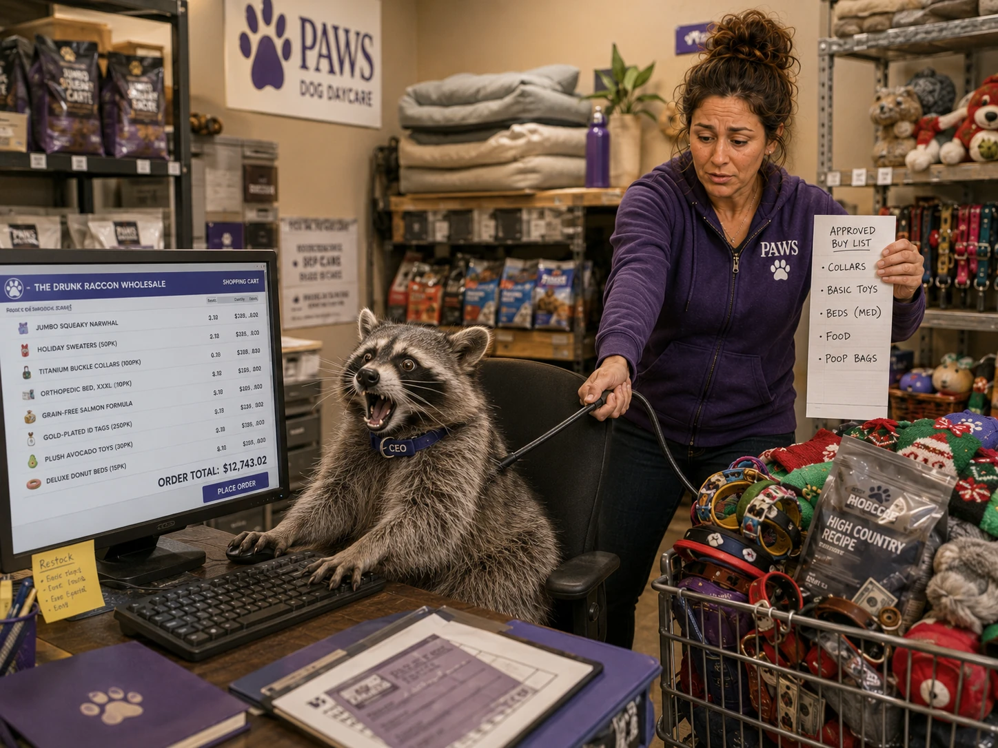 PAWS operator pulls the power cord on a raccoon placing a huge wholesale pet-product order while holding a narrow approved buying list.
