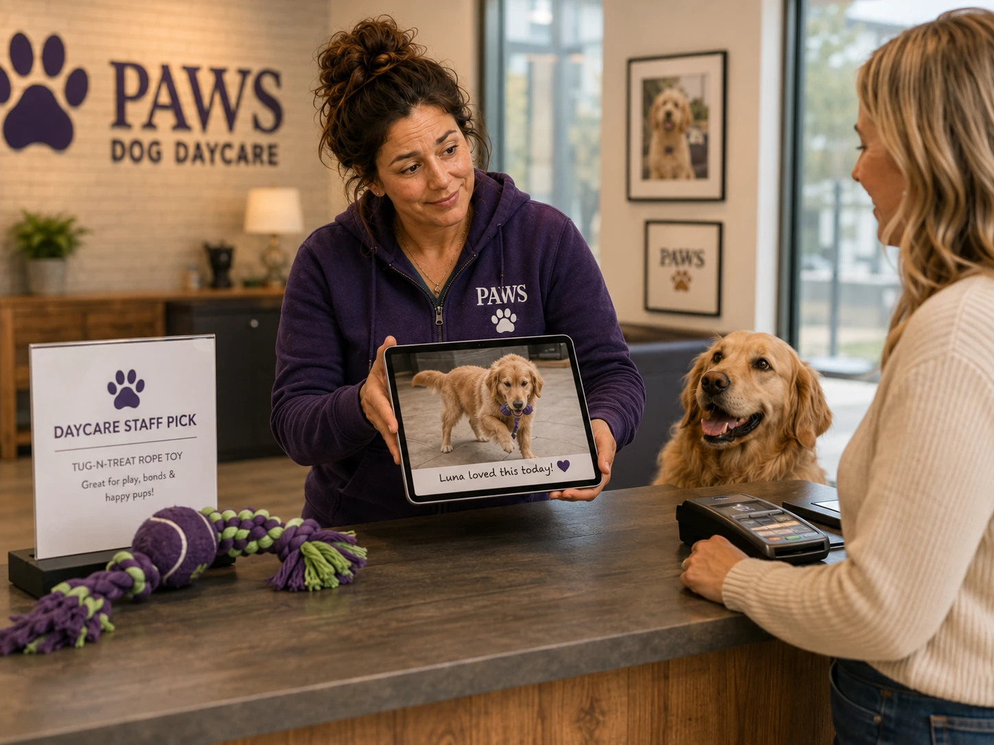 PAWS operator shows a customer a tablet photo of her dog enjoying a toy while the matching daycare staff-pick toy sits at checkout.