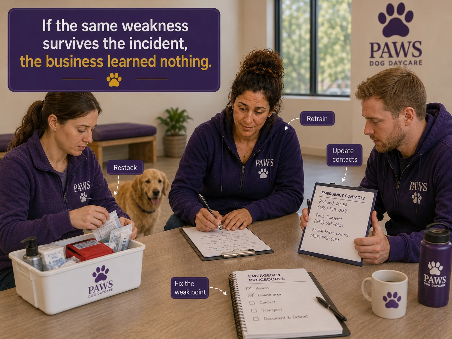 PAWS Lady and staff review emergency procedures while restocking supplies, updating contacts, retraining, and fixing weaknesses after an incident.