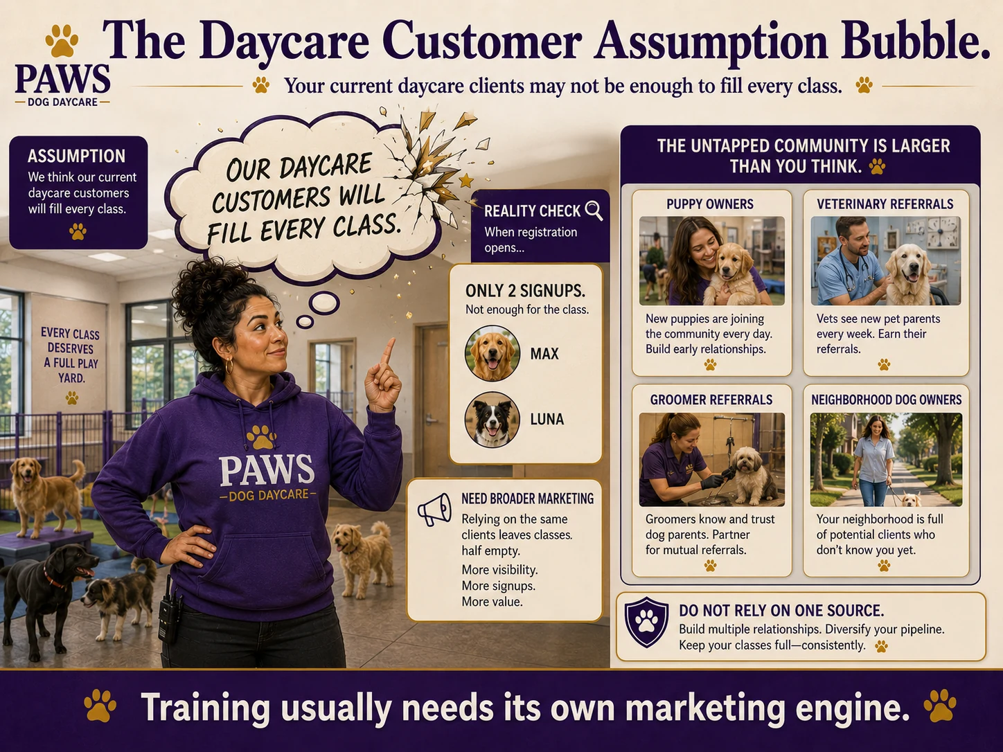PAWS dog daycare operator watches the assumption that current daycare clients will fill every training class burst open while outside referral sources and broader marketing opportunities are shown as the real growth path.