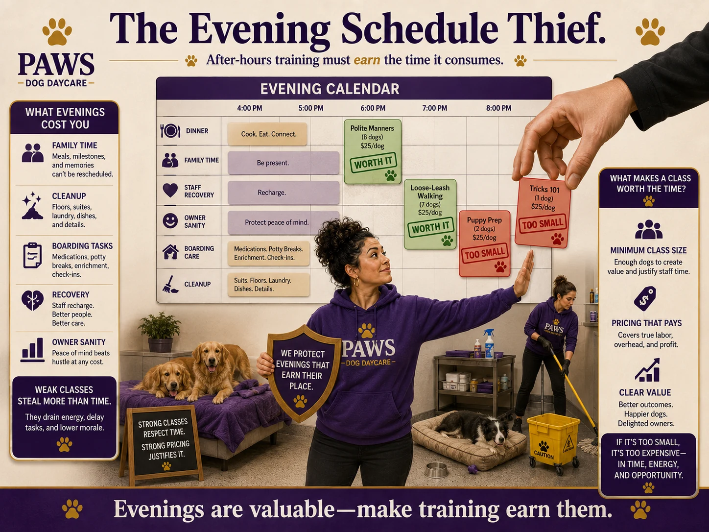 PAWS dog daycare operator blocks weak after-hours training classes on an evening calendar while protecting family time, cleanup time, boarding duties, staff recovery, and pricing discipline.