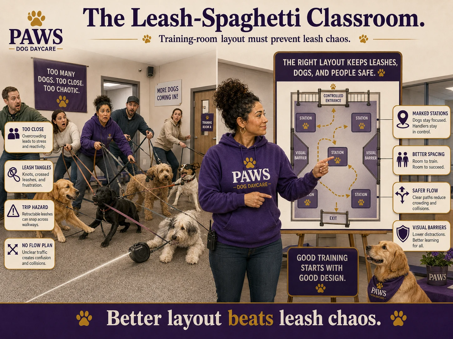 PAWS dog daycare operator compares a tangled, overcrowded training room with a cleaner floor plan that uses controlled entry, marked stations, visual barriers, and safer traffic flow to prevent leash chaos.