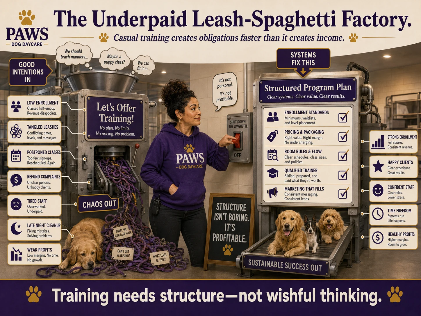 PAWS dog daycare operator shuts down a chaotic training machine that spits out leash tangles, cancellations, refunds, tired staff, and weak profits, while a structured program plan produces strong enrollment, happy clients, and sustainable revenue.