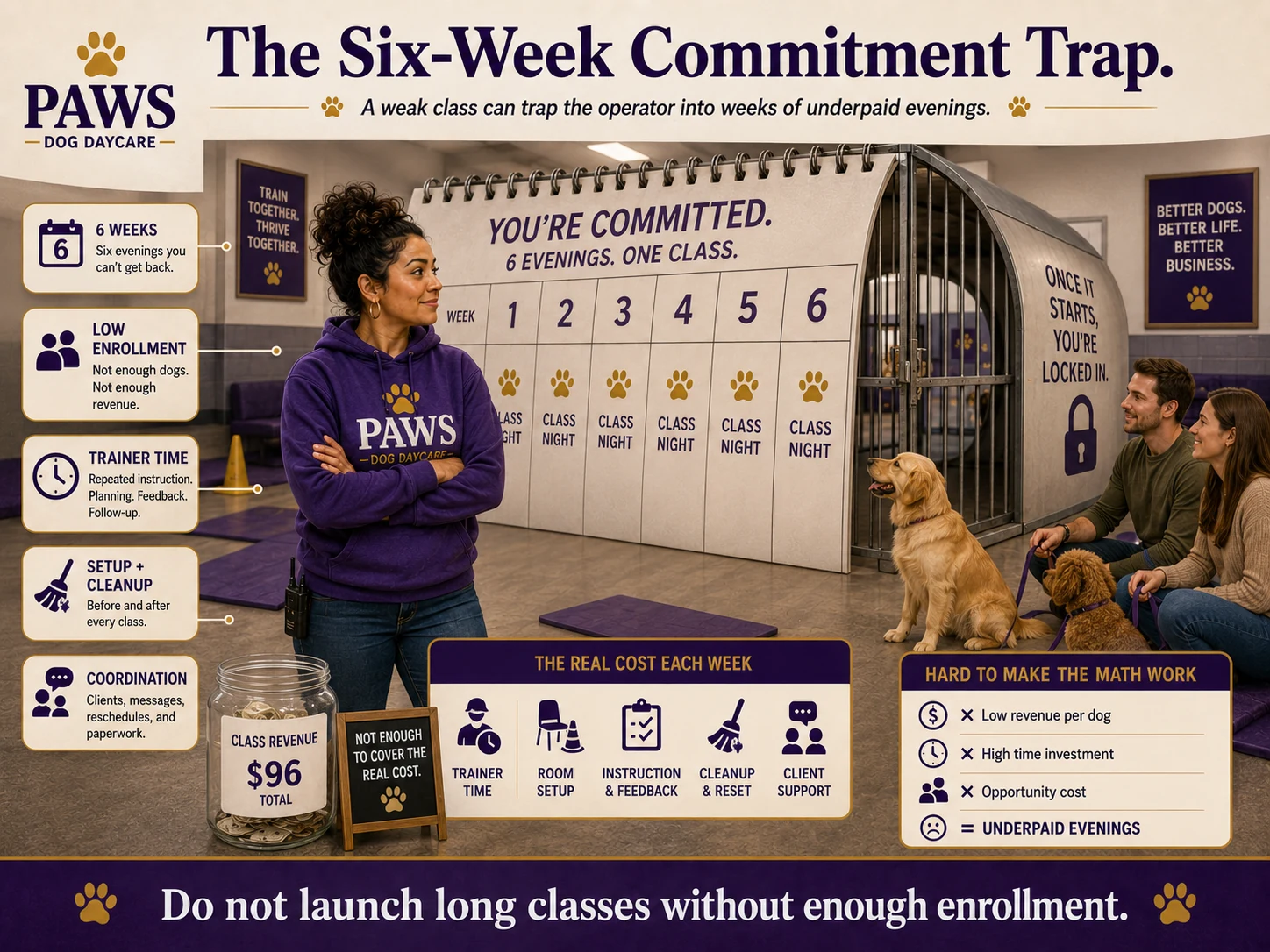 PAWS dog daycare operator stands beside a six-week class calendar built like a trap, showing that weak enrollment can lock the operator into repeated evenings of setup, instruction, cleanup, and client support without enough revenue.