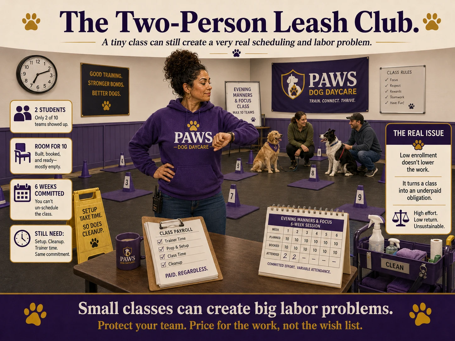 PAWS dog daycare operator checks the time inside a mostly empty training room, showing how a tiny class still consumes setup, cleanup, trainer time, payroll, and six weeks of commitment.