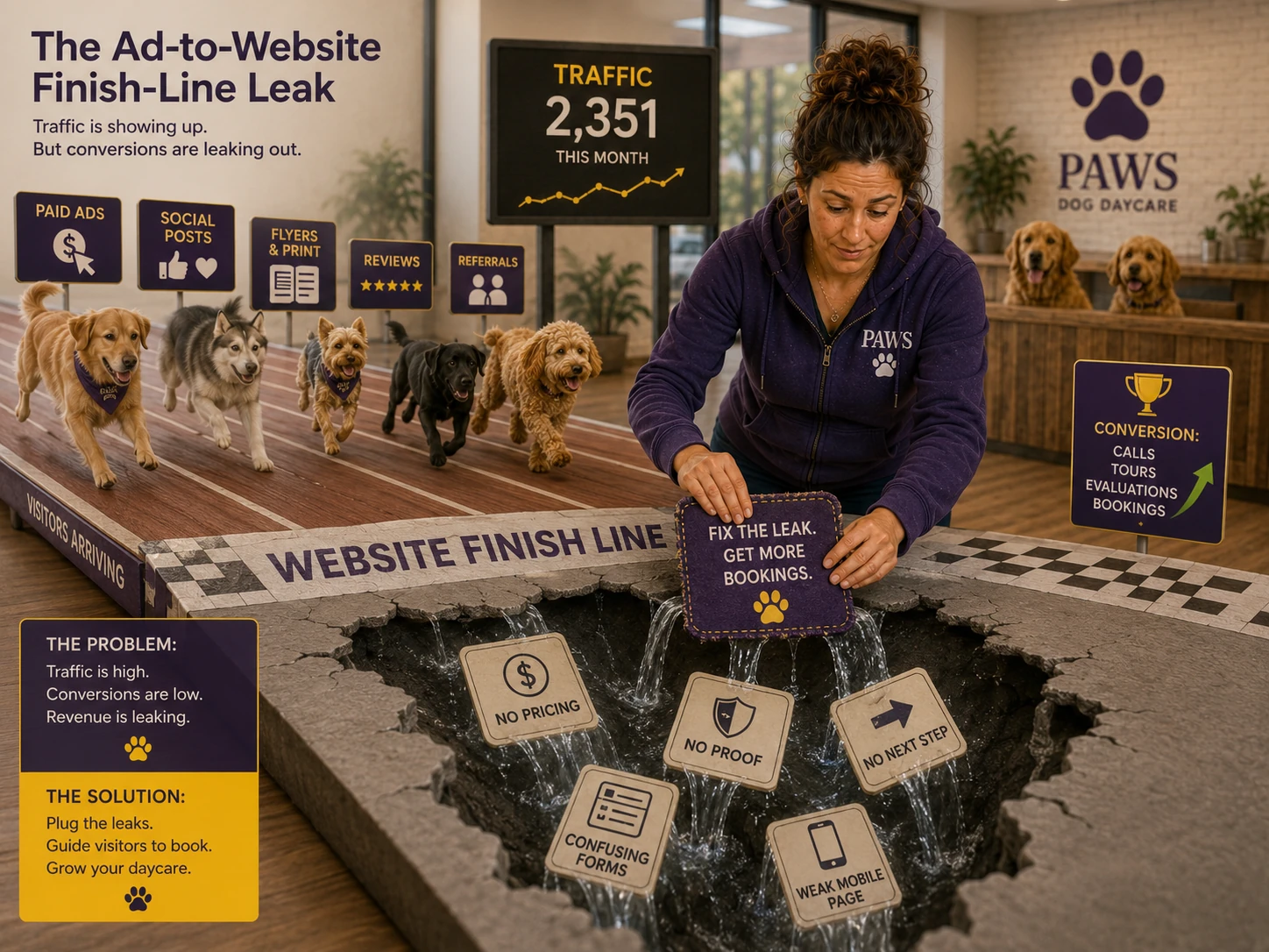 PAWS Lady patches a website finish-line leak where visitors from ads, social posts, flyers, reviews, and referrals are lost through missing pricing, proof, next steps, usable forms, and mobile pages.