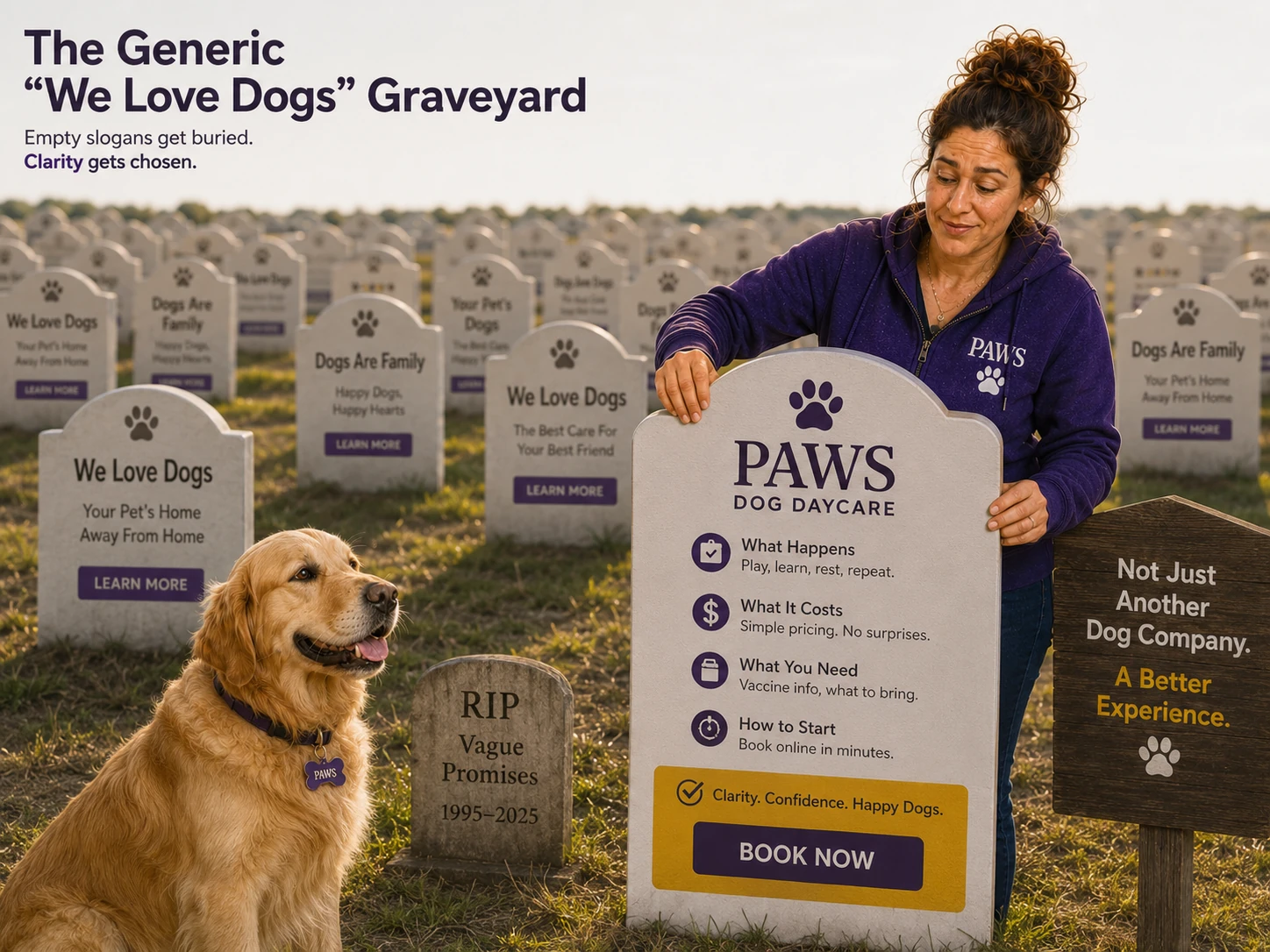 PAWS Lady replaces a graveyard of generic We Love Dogs and Dogs Are Family slogans with clear information about the service, pricing, requirements, and how to start.