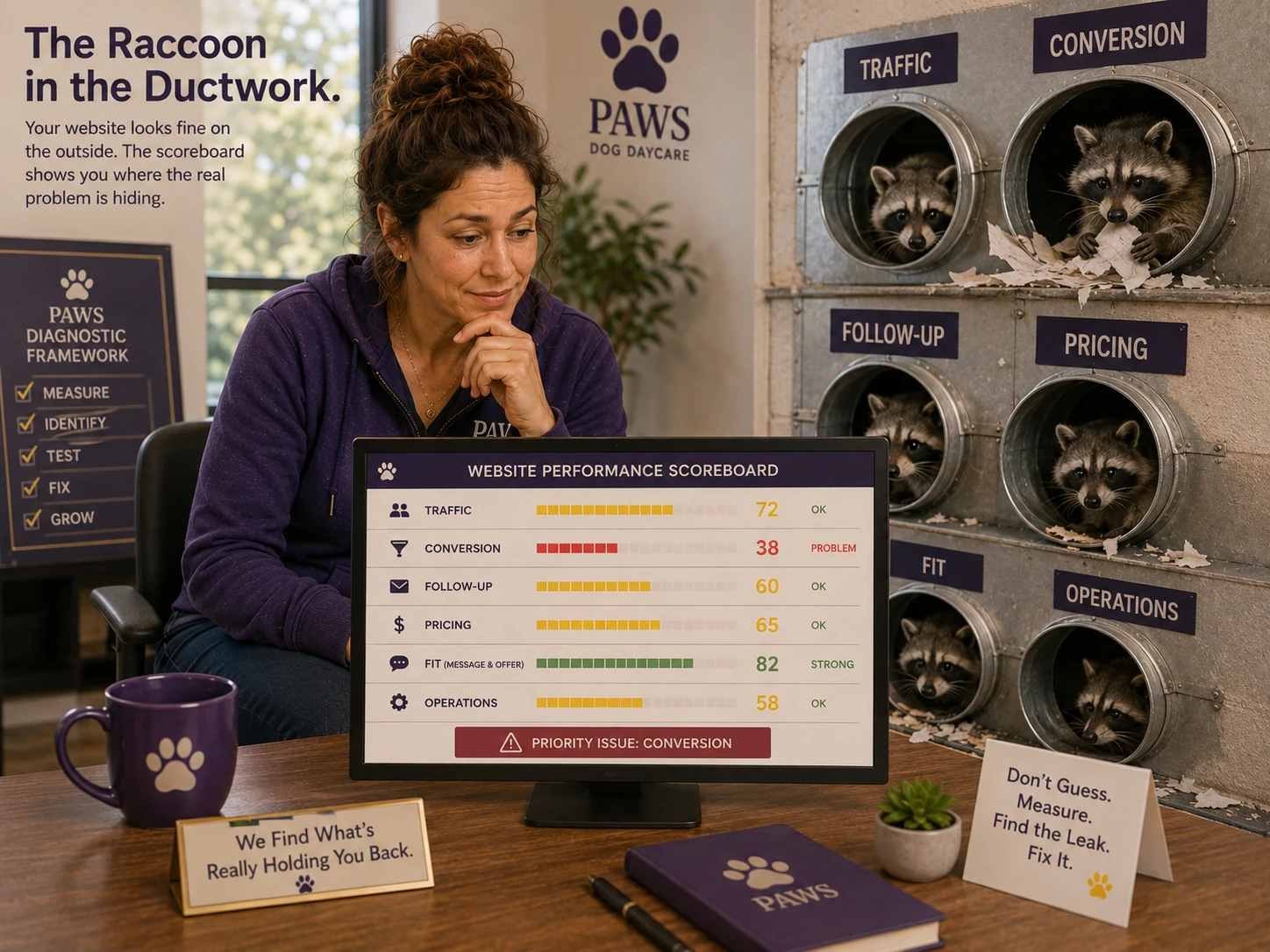 PAWS Lady reviews a website performance scoreboard while raccoons hide in ducts labeled traffic, conversion, follow-up, pricing, fit, and operations.