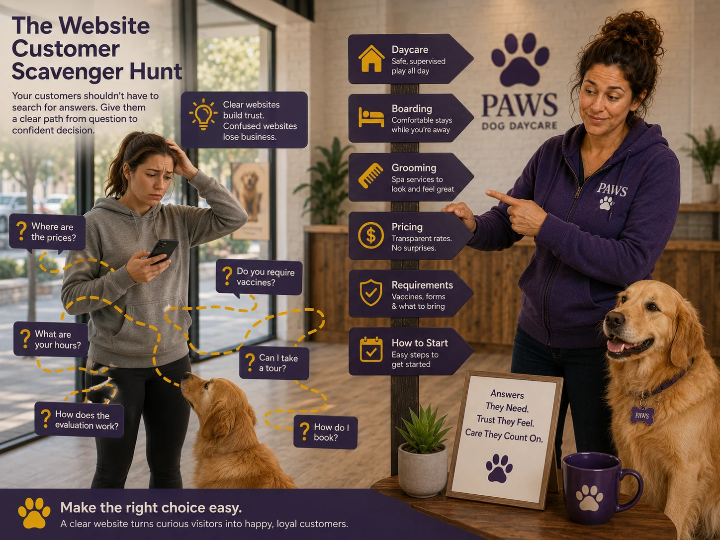 PAWS Lady directs a confused dog owner away from a website scavenger hunt toward clear paths for daycare, boarding, grooming, pricing, requirements, and getting started.