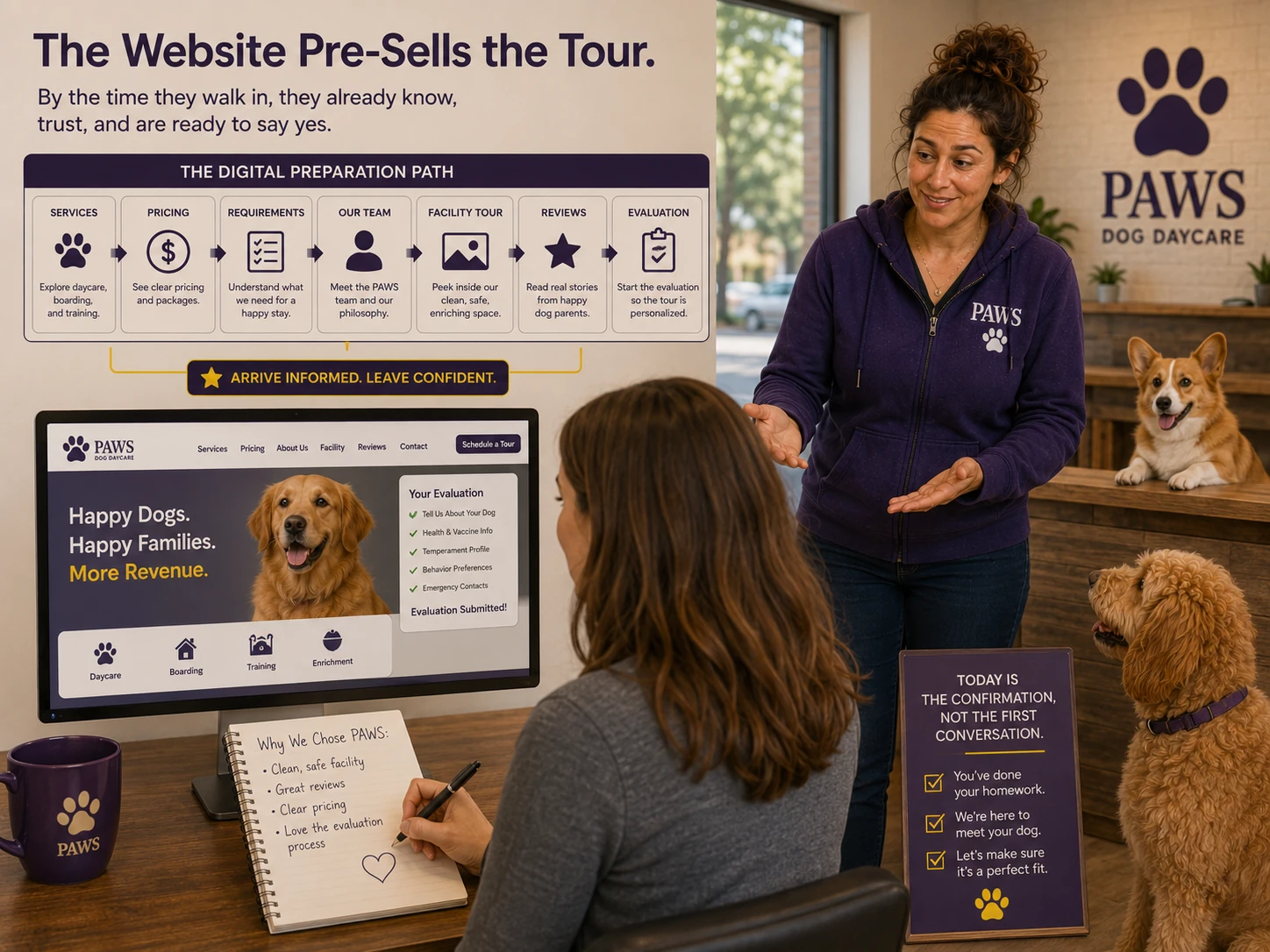 PAWS Lady welcomes an informed tour customer who has already reviewed services, pricing, requirements, staff, facility photos, reviews, and the evaluation process online.