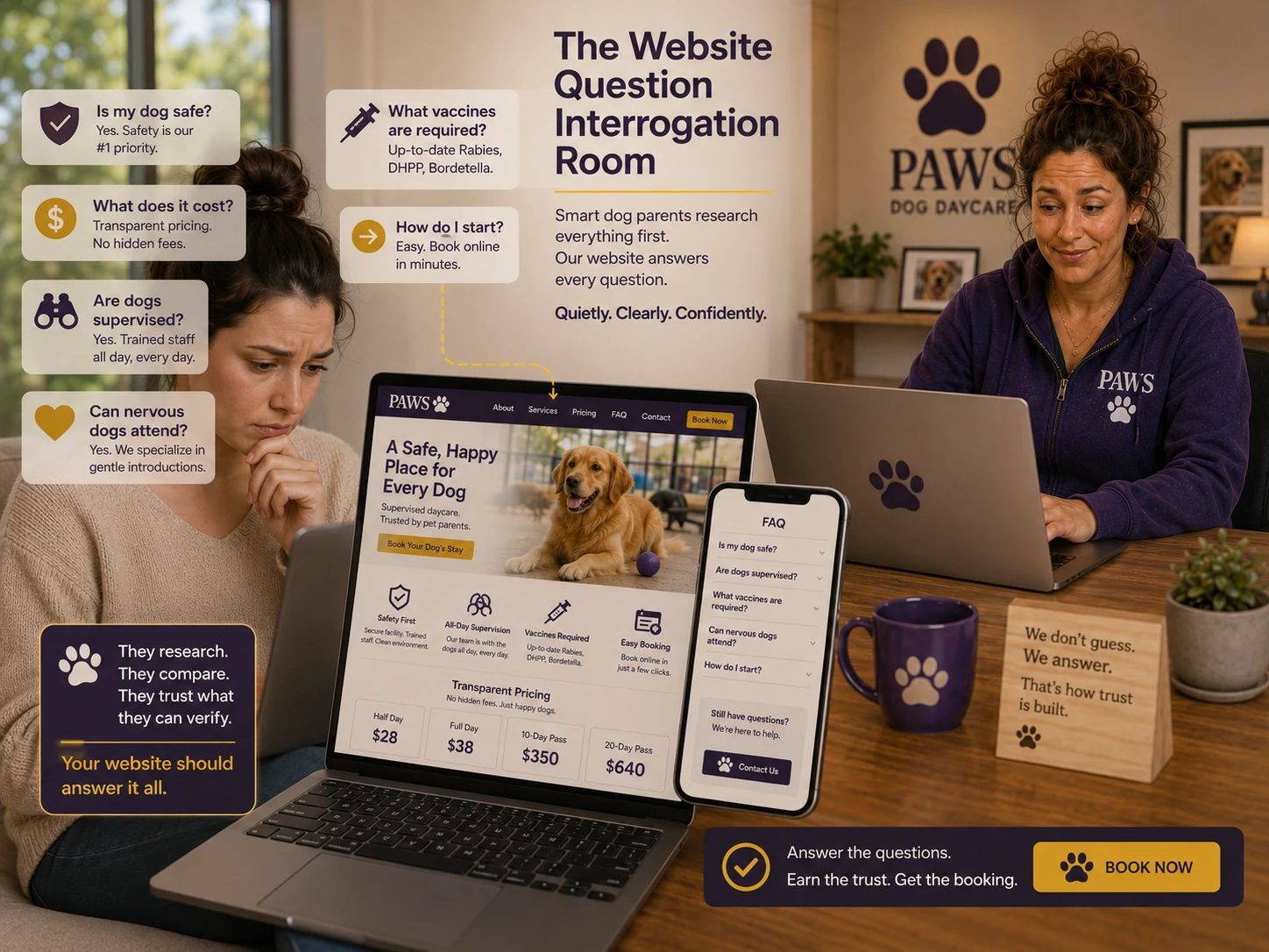 A dog owner researches safety, pricing, supervision, vaccines, nervous-dog care, and starting steps on the PAWS website while the PAWS Lady provides clear answers.