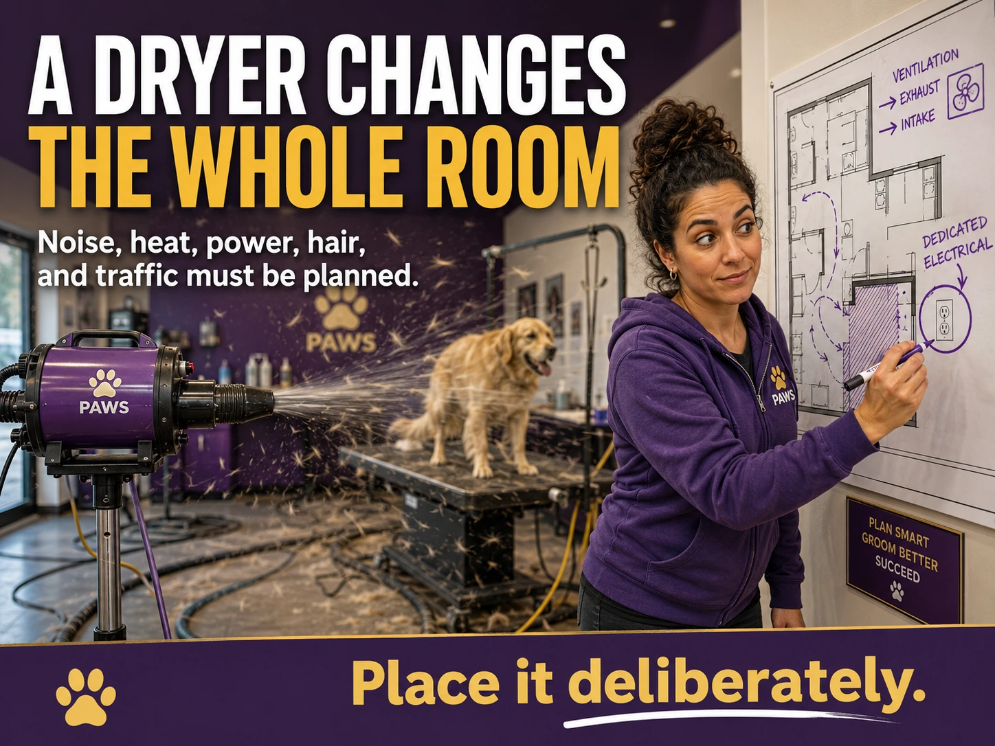 PAWS Lady marks a grooming room plan while a high-velocity dryer blows coat and air across the salon, showing that dryer placement affects the whole room.