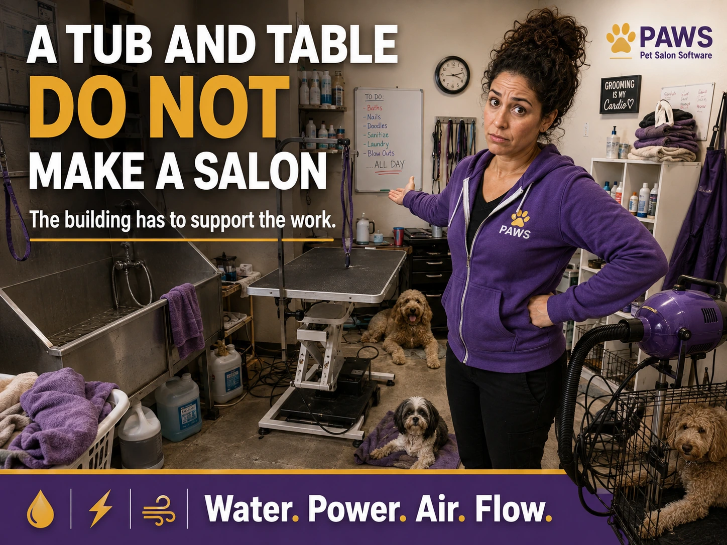 PAWS Lady stands in a cramped grooming room with a tub, table, dryer, dogs, towels, and clutter, showing that the building must support the work.