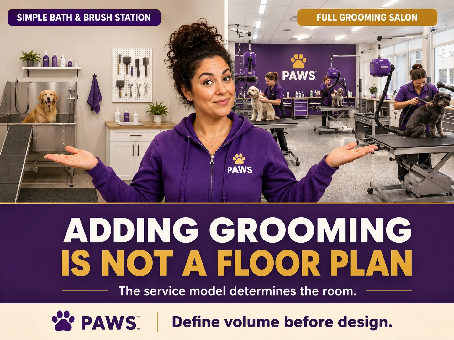 PAWS Lady compares a simple bath-and-brush station with a full grooming salon to show that the service model determines the room.