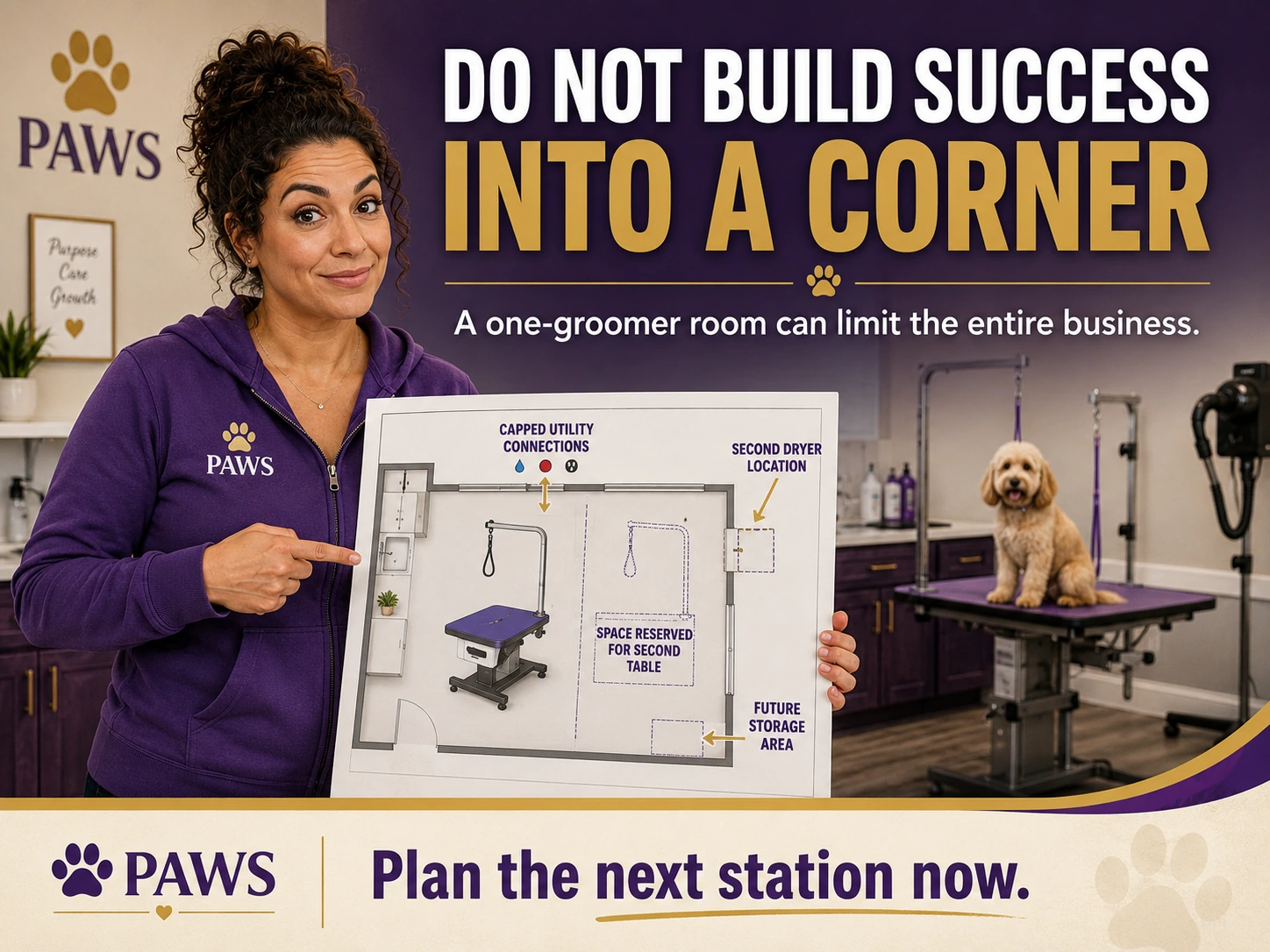 PAWS Lady holds a future expansion floor plan for a grooming room, showing reserved space for a second table, utility connections, and more storage.