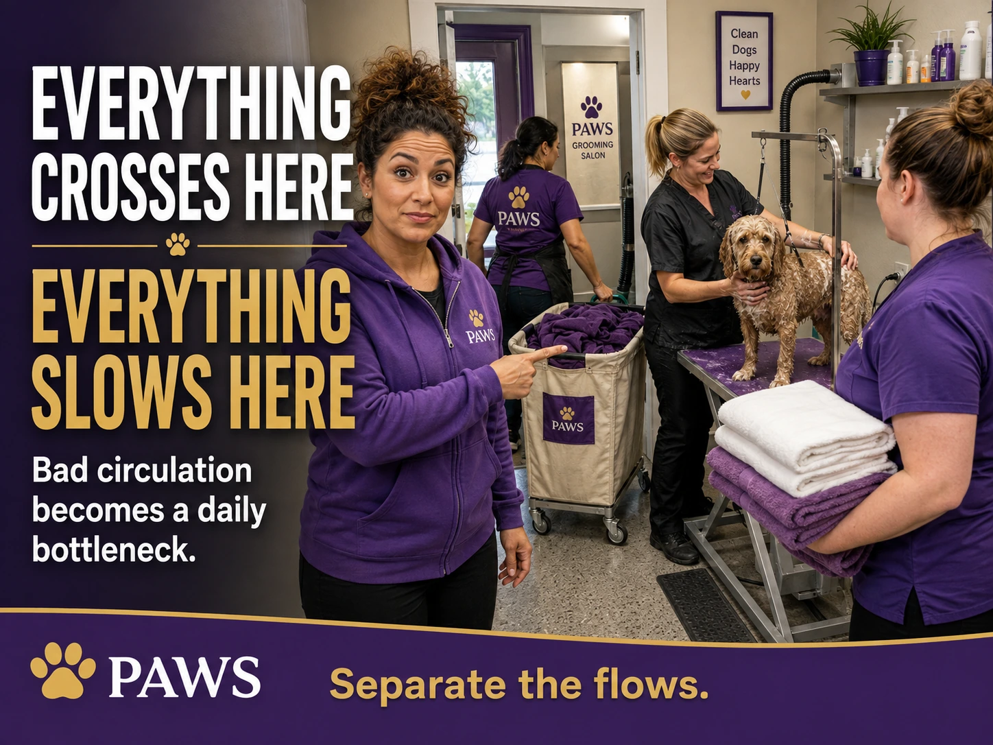 PAWS Lady points to a crowded grooming-room bottleneck where towels, carts, dogs, and staff all converge in the same path.